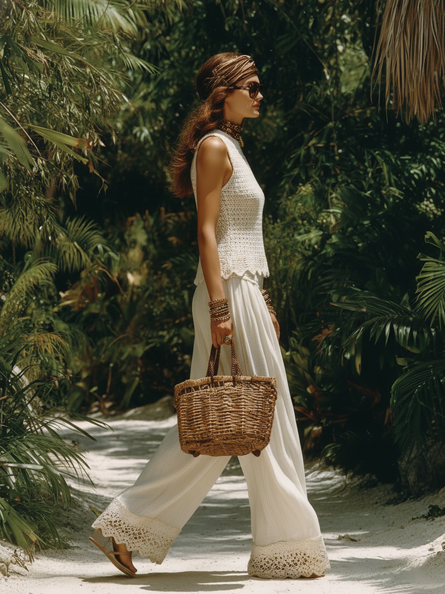 Casual Bohemian Style Beige Knitted Top And Cotton And Linen Wide-leg Pants Set