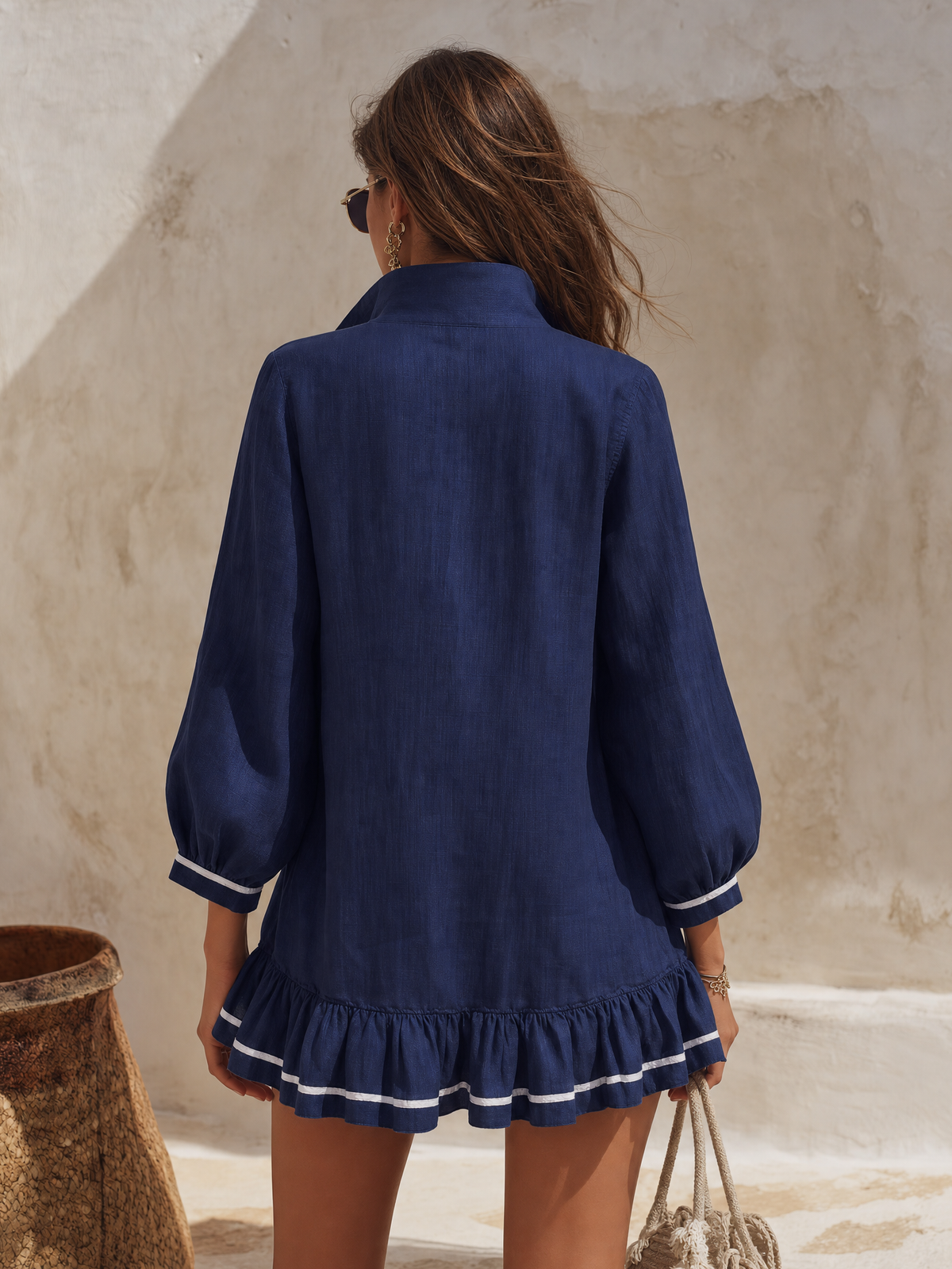 Resort Casual Color-blocked Half-zip Stand Collar Ruffled Mini Dress