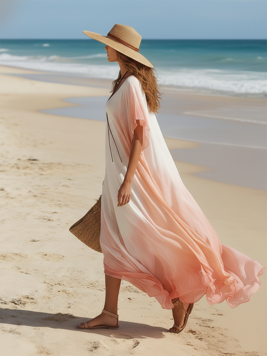 Resort-style White And Pink Gradient V-neck Short-sleeved Maxi Dress