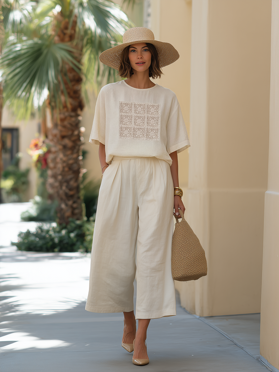 Simple Vacation-style Crochet Patchwork Short-sleeved Top And Wide-leg Capri Pants Set