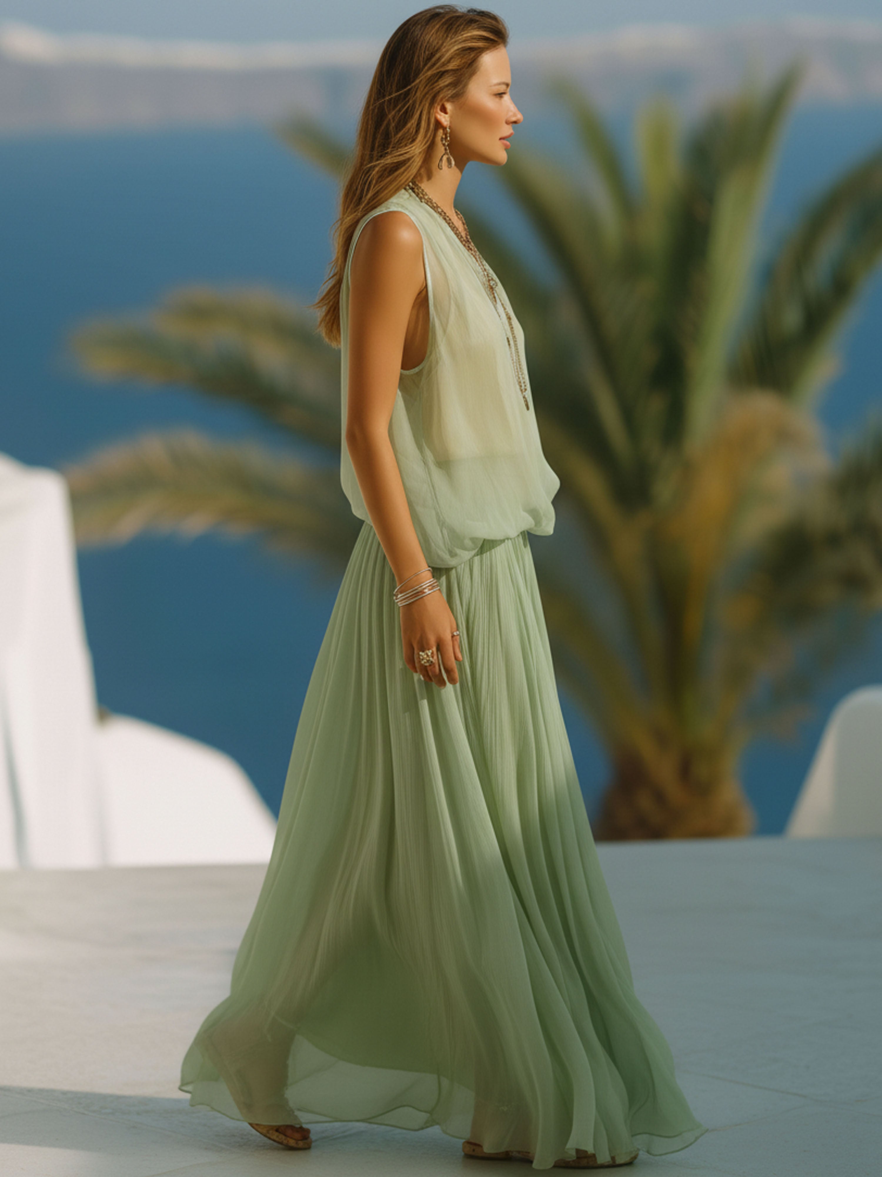 Vacation Light Green Chiffon Sleeveless Top And Long Skirt Set