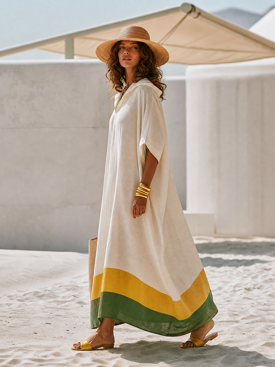 Minimalist Color-Block Hem Off-White Hooded Short-Sleeve Cotton-Linen Maxi Dress