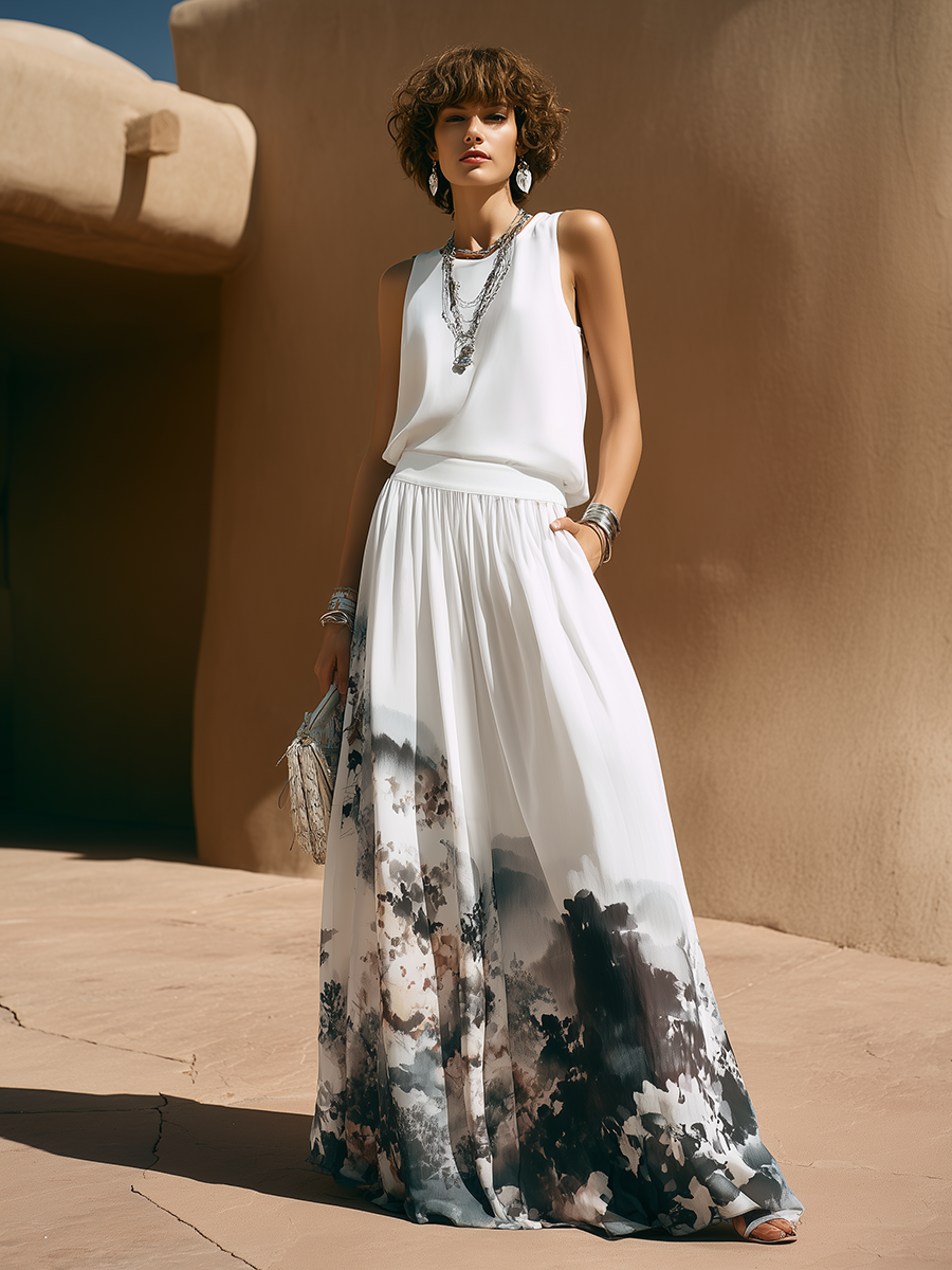 Stylish Vacation-Style Sleeveless Top And Printed Skirt Set