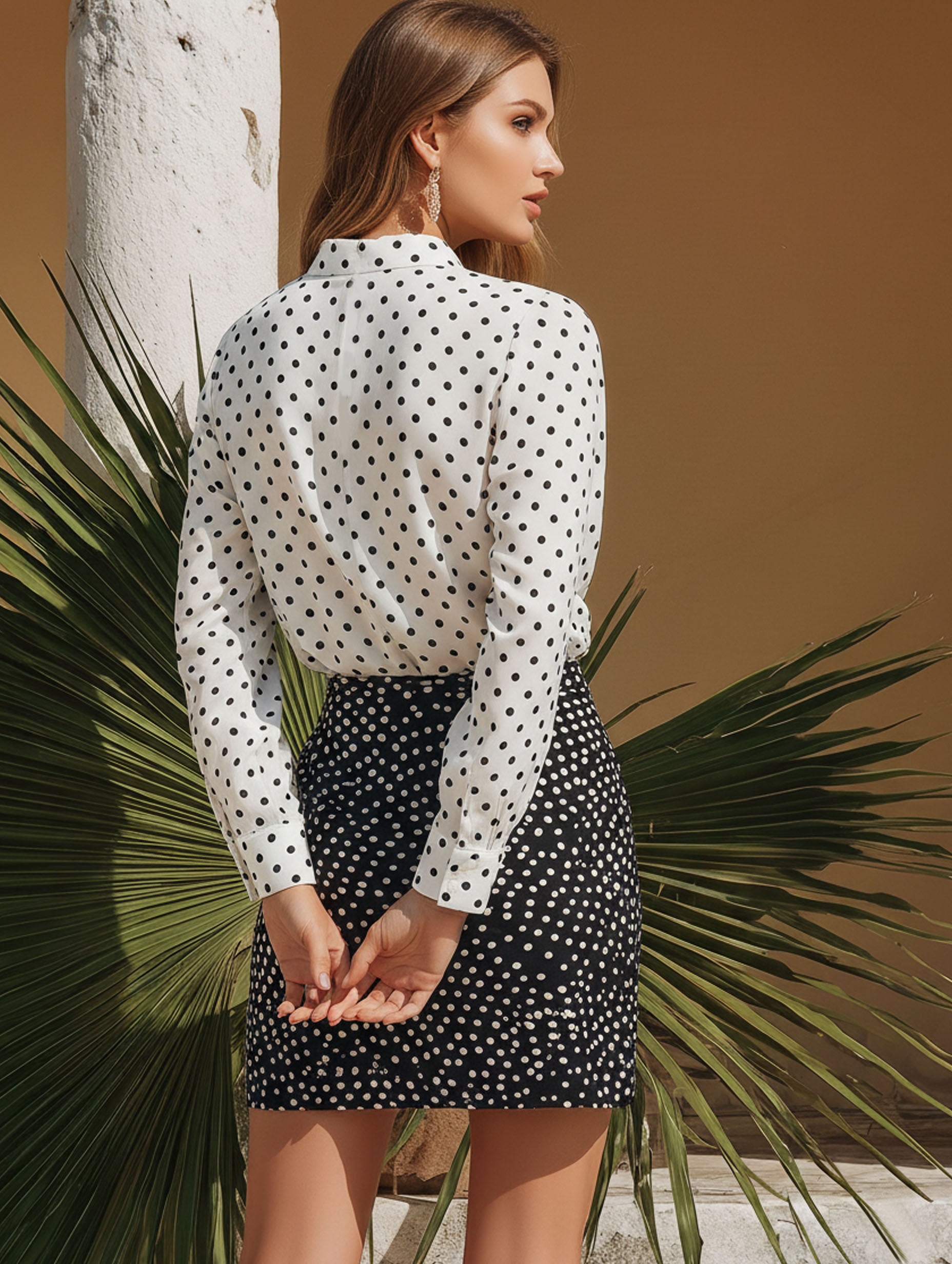 Resort-Style Chiffon Long-Sleeved Top Skirt In Black And White Polka Dots Set