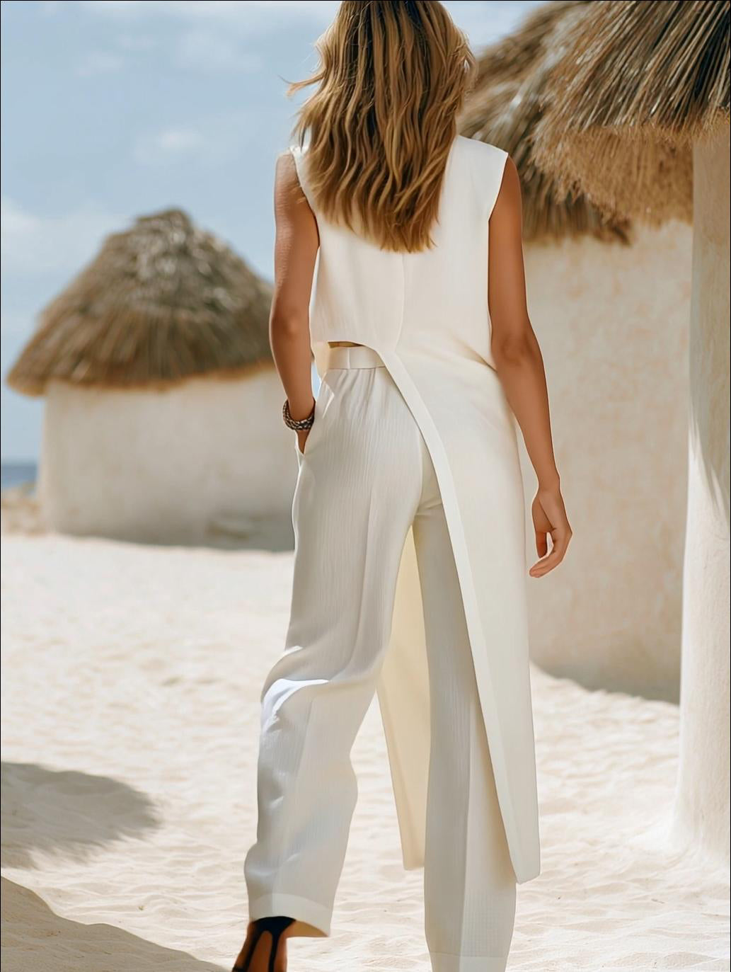 Minimalist Vintage Style White Cotton Linen Sleeveless Side-Slit Long Top And Wide-Leg Pants Set