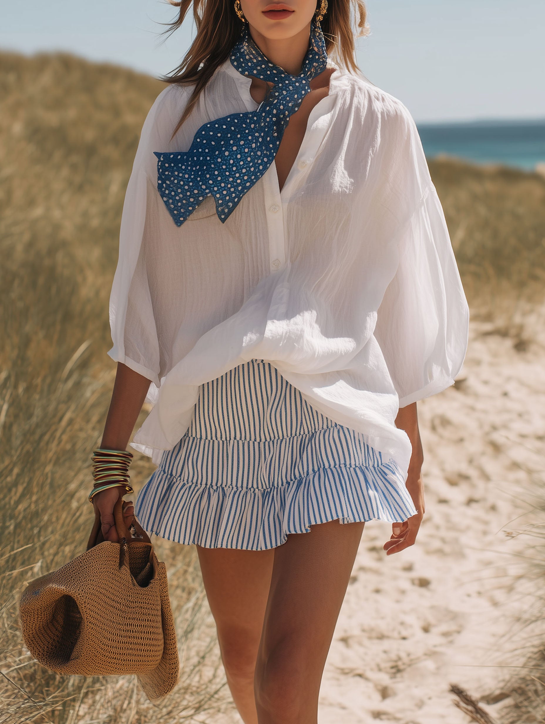 Resort-Style Blue White Striped Chiffon Mini Skirt Short-Sleeved Shirt Scarf Set