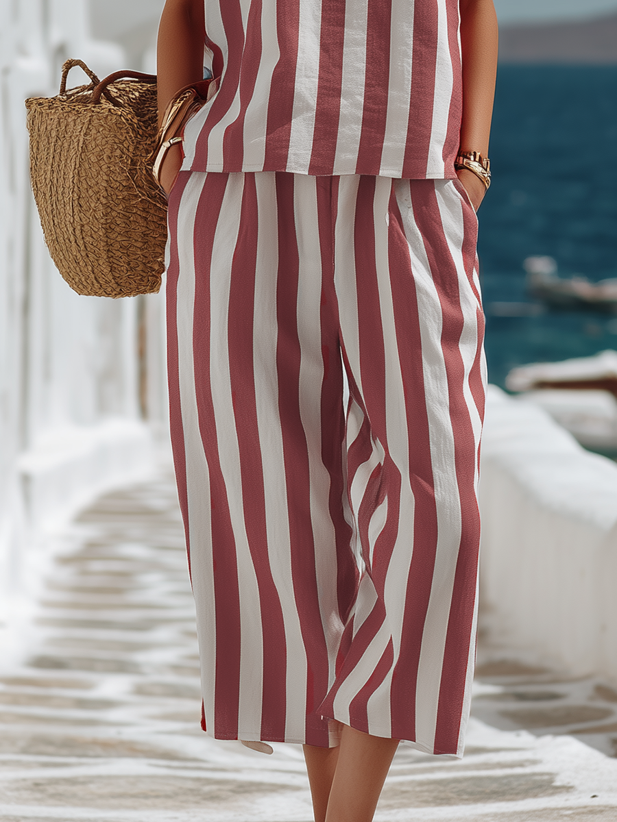 Simple Vacation-style Red And White Striped Sleeveless Top And Wide-leg Capri Pants Cotton And Linen Set