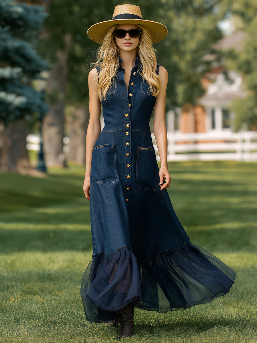 Casual And Stylish Button-down Denim Blue Ruffled Hem Sleeveless Maxi Dress