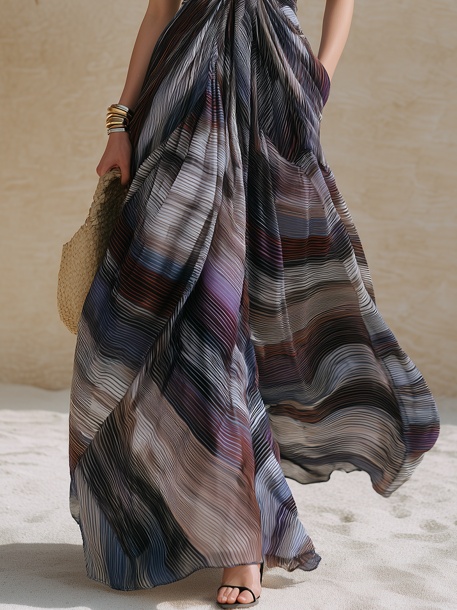 Romantic Bohemian Sleeveless Geometric Print Chiffon Maxi Dress