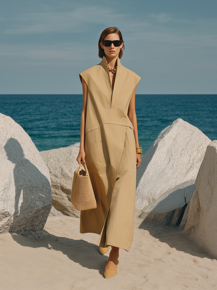 High-end Chic Sleeveless Light Khaki Maxi Dress