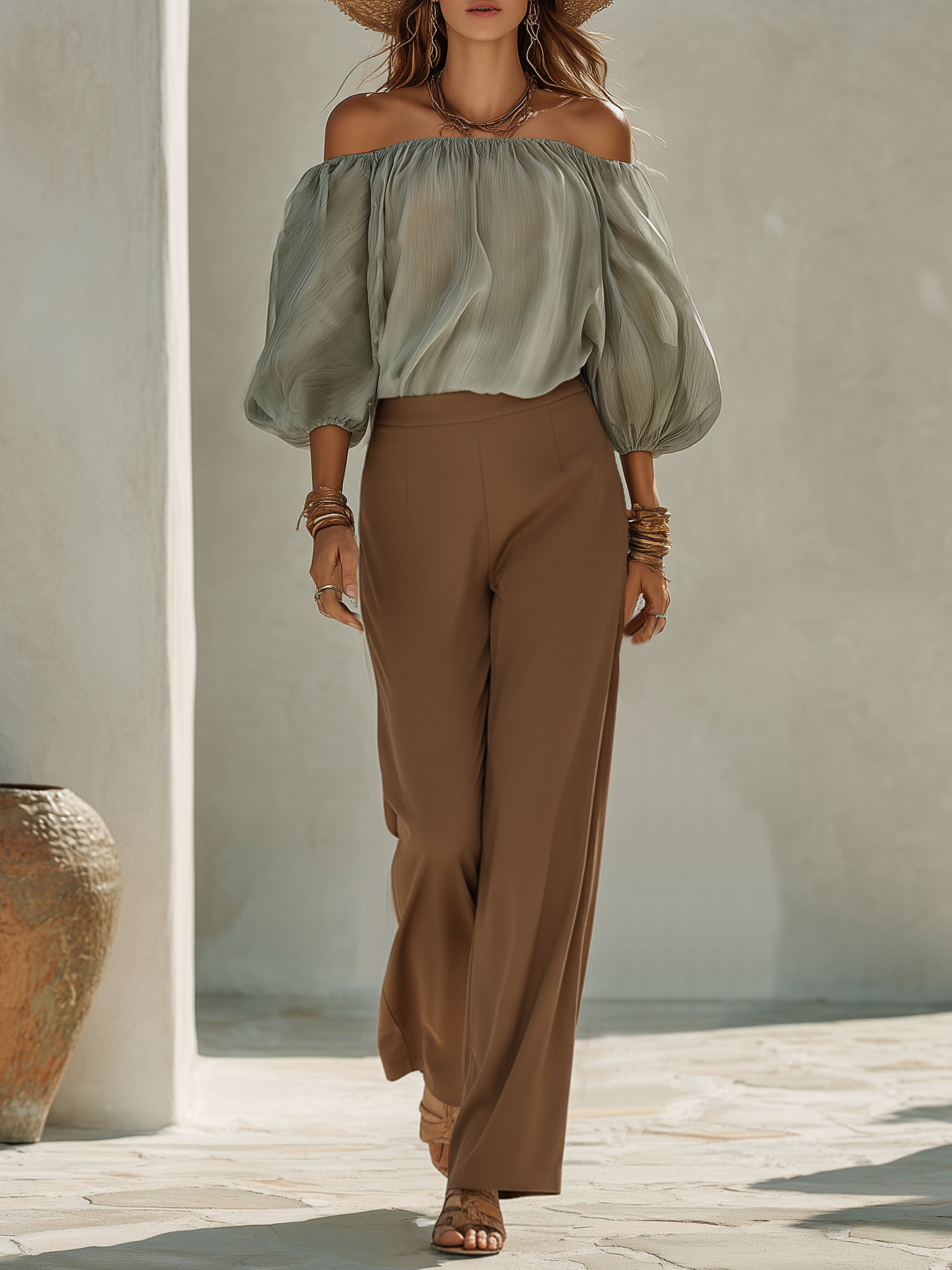 Resort-Style Chiffon Lantern Sleeve Off-Shoulder Top And Khaki Trousers Set