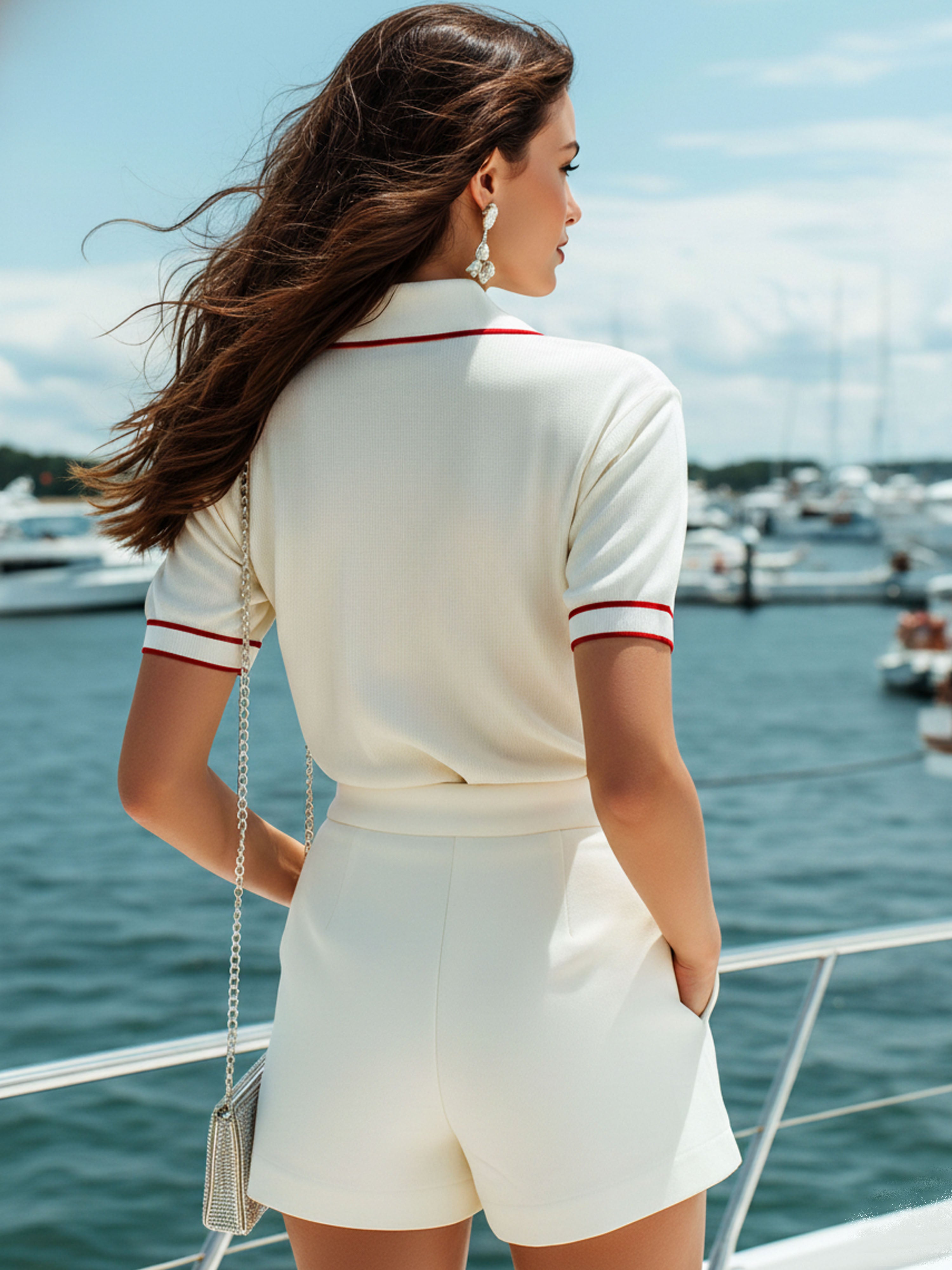 Resort Style Knitted Polo Shirt  With Red And White Trim Black And Shorts Set
