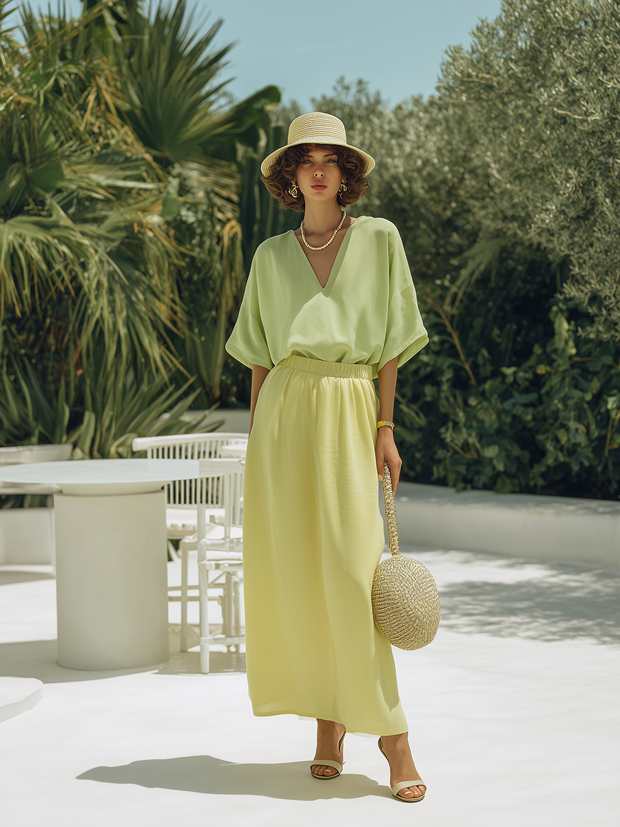 Vacation-Style Comfortable And Stylish V-Neck Short-Sleeve Top And Skirt Set