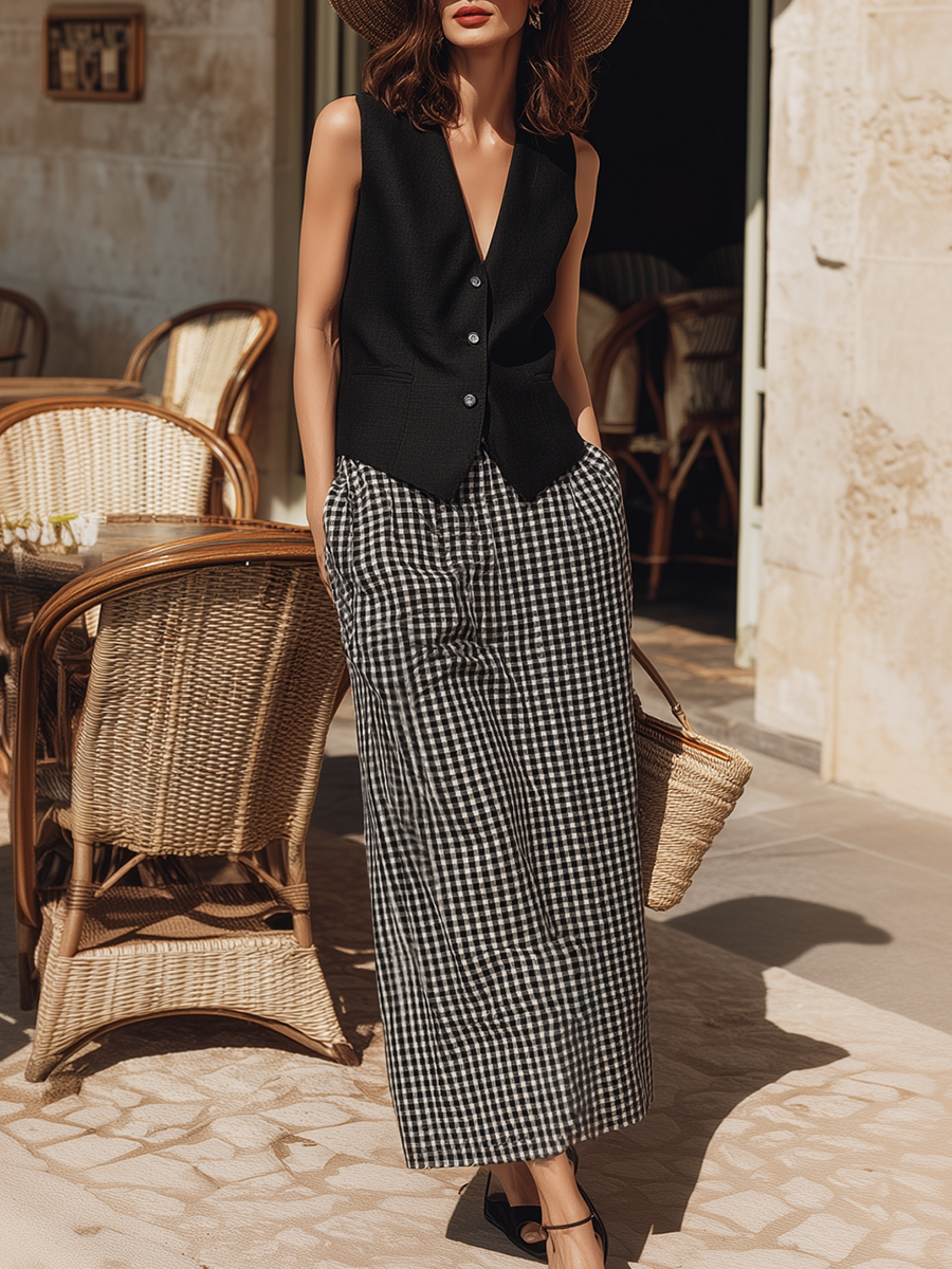 Light Luxury Resort-Style Black Vest And Plaid Skirt Cotton-Linen Set