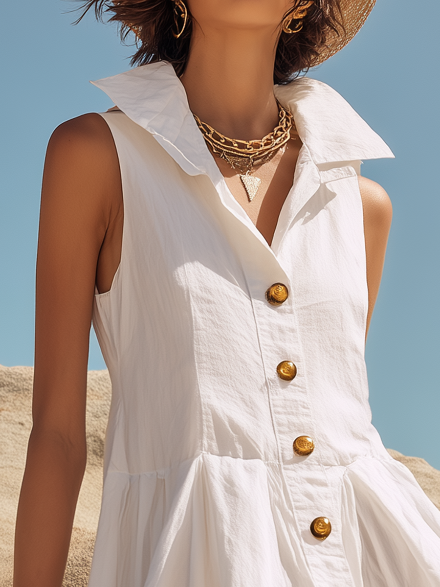 Resort-style White V-neck Sleeveless Mini Dress