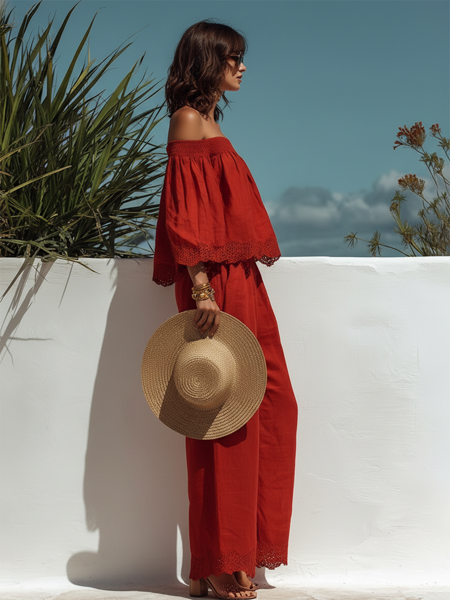 Elegant Bohemian Lace-trimmed Off-the-shoulder Top And Wide-leg Pants Red Set