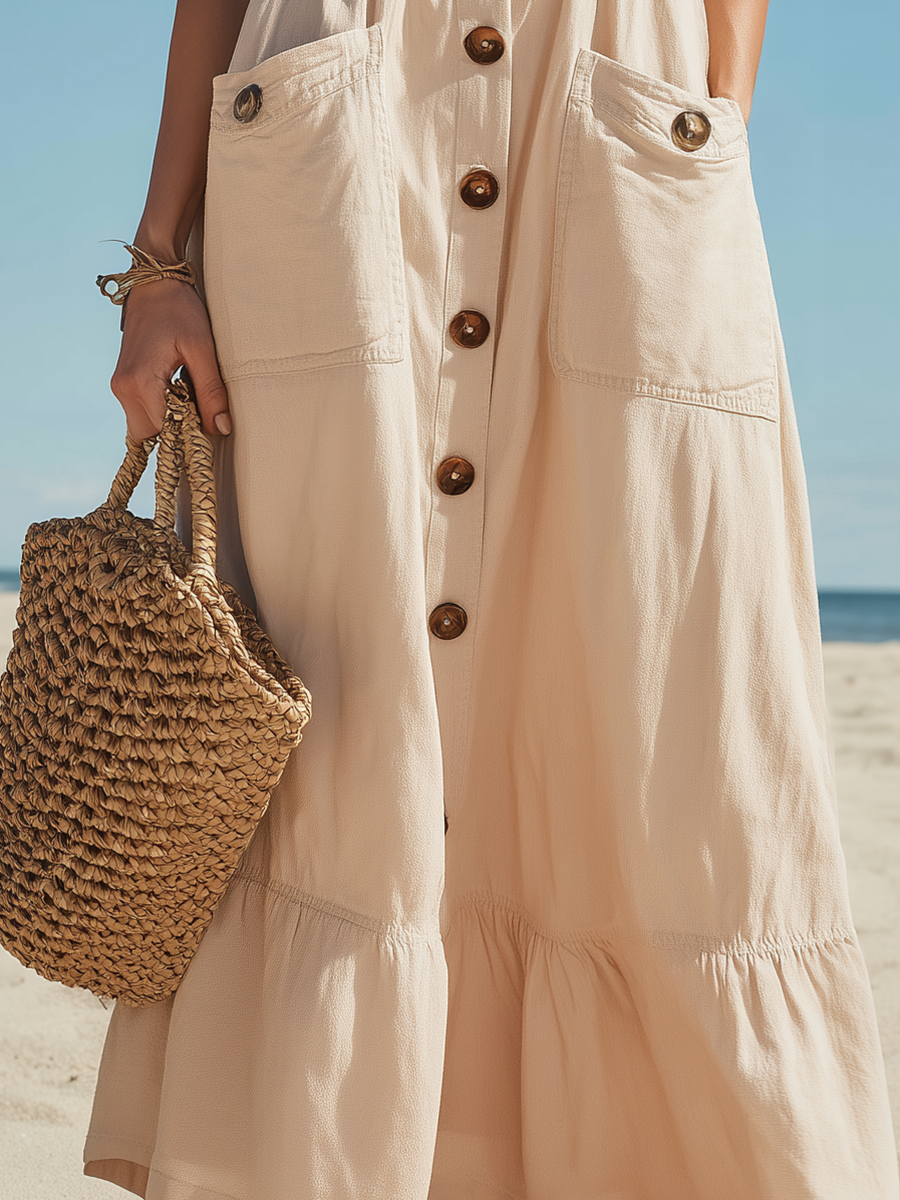 Resort-style V-neck Off-white Button Maxi Dress