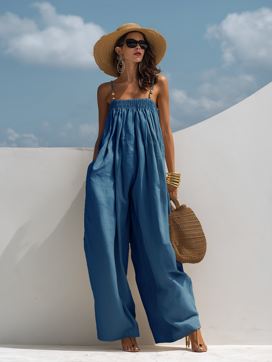 Casual Vacation Beaded Spaghetti Strap Wide-Leg Cotton Linen Jumpsuit