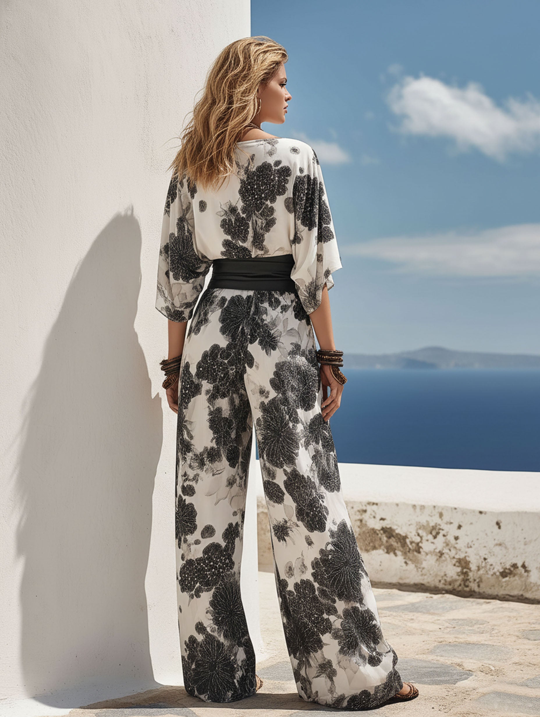 Fashionable Resort Satin Black Print White Jumpsuit