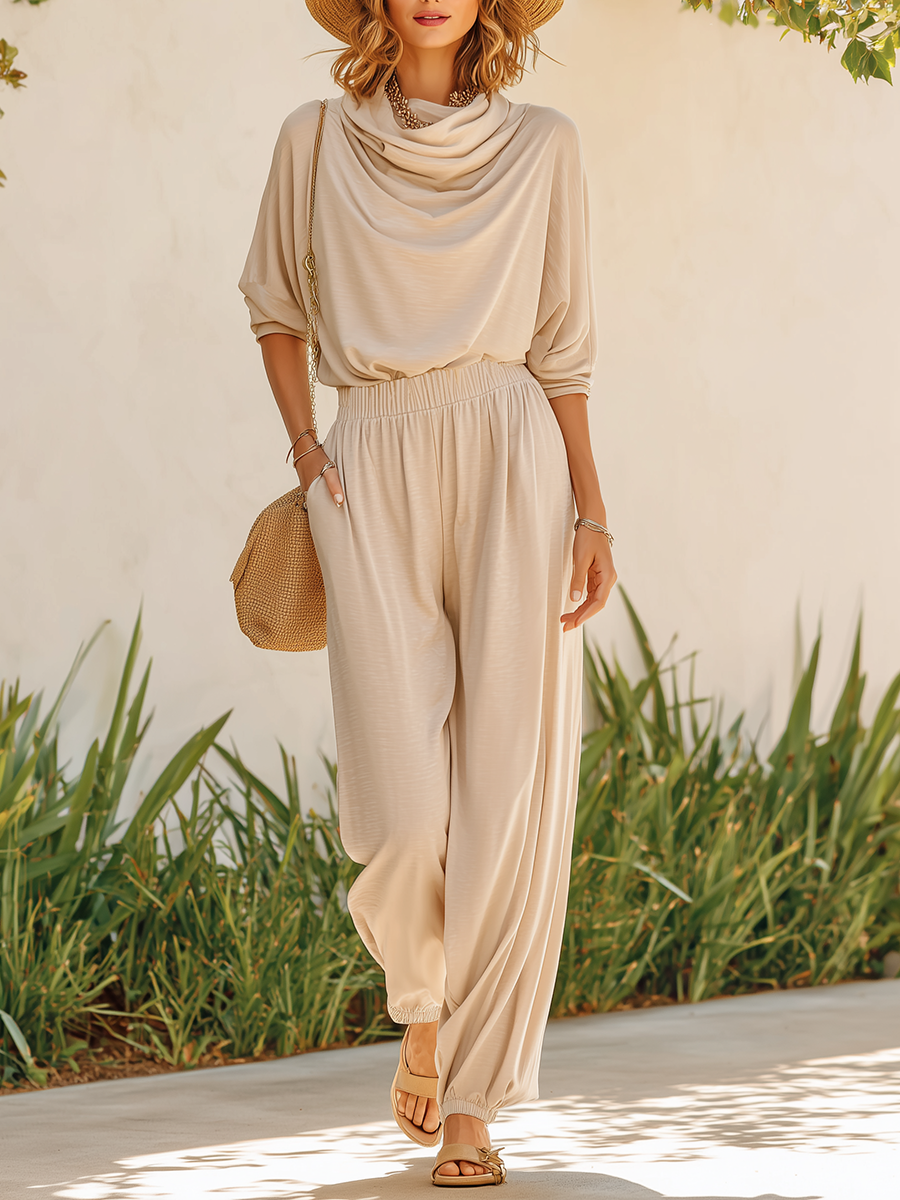 Vacation-style Cotton Casual Loose-fitting Long-sleeved Shirt And Pants Set