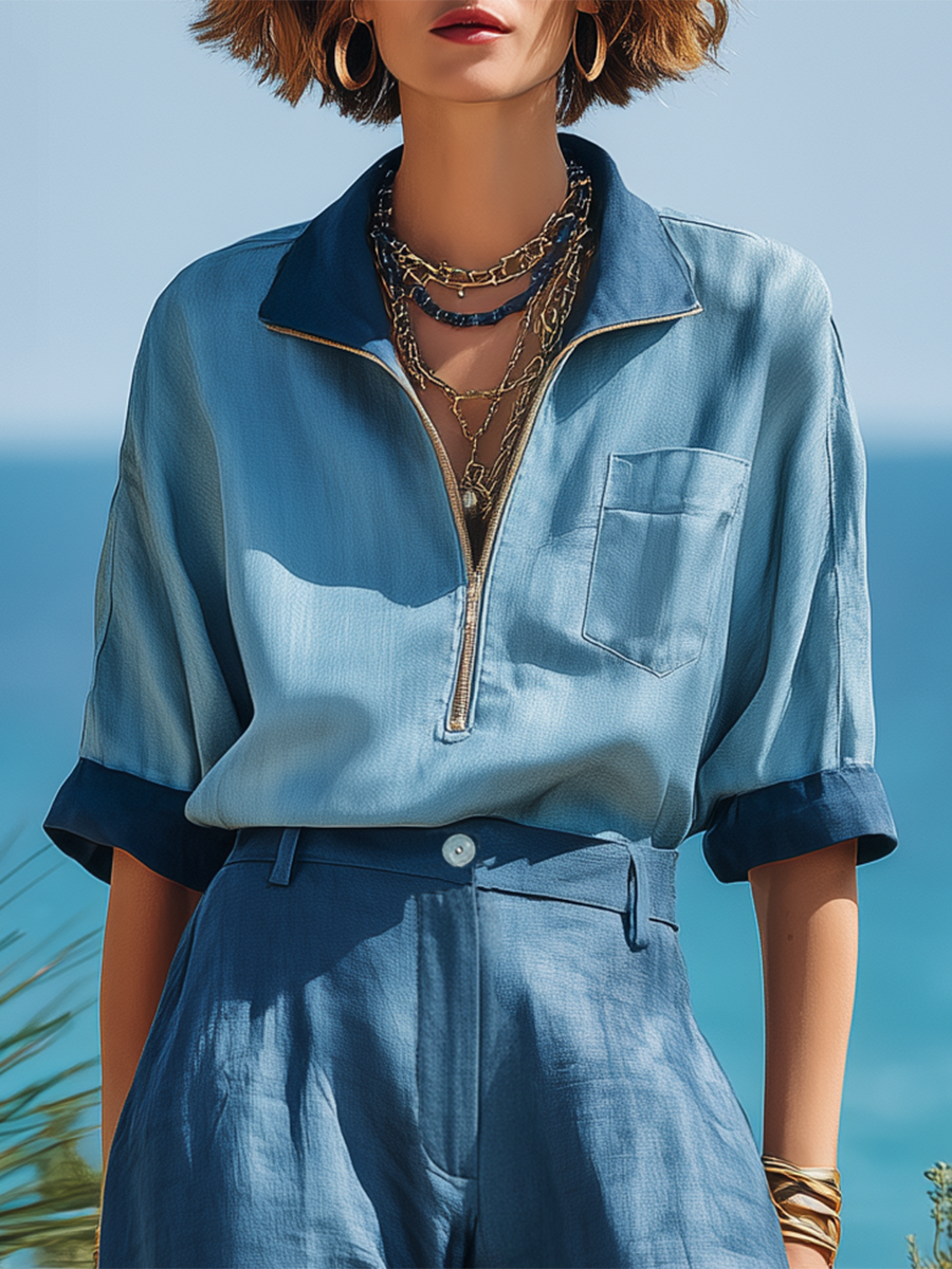 Vacation-Style Blue Short-Sleeve Zip-Up Top And Pants Set