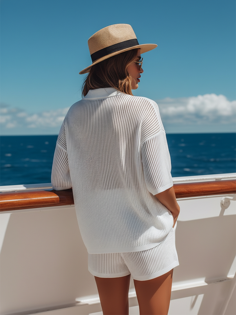 Casual Beach Sports White Knitted Short-sleeved Top And Shorts Set