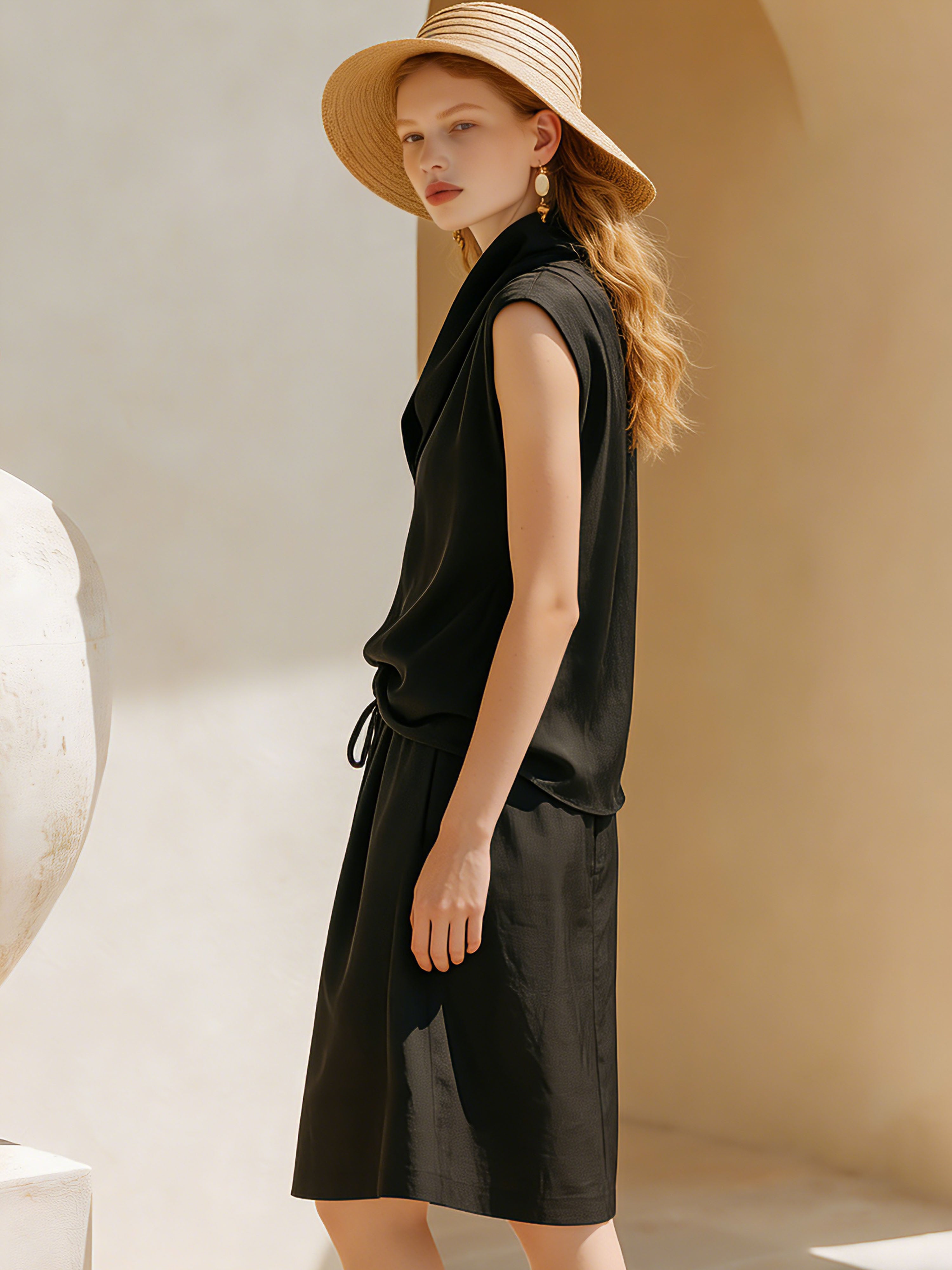 Elegant Vacation Style Tencel Black Turtleneck Sleeveless Top And Drawstring Skirt Set