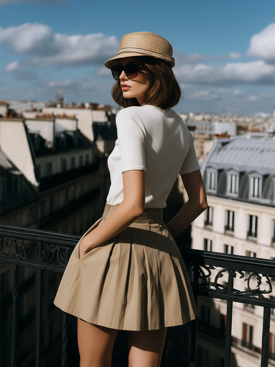 Stylish Retro White Short-sleeved Knit Top And Khaki Pleated Skirt Set