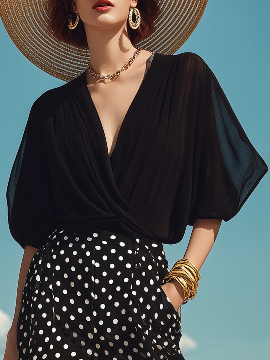 Resort-style Black V-neck Short-sleeved Top And Polka Dot Wide-leg Pants Set