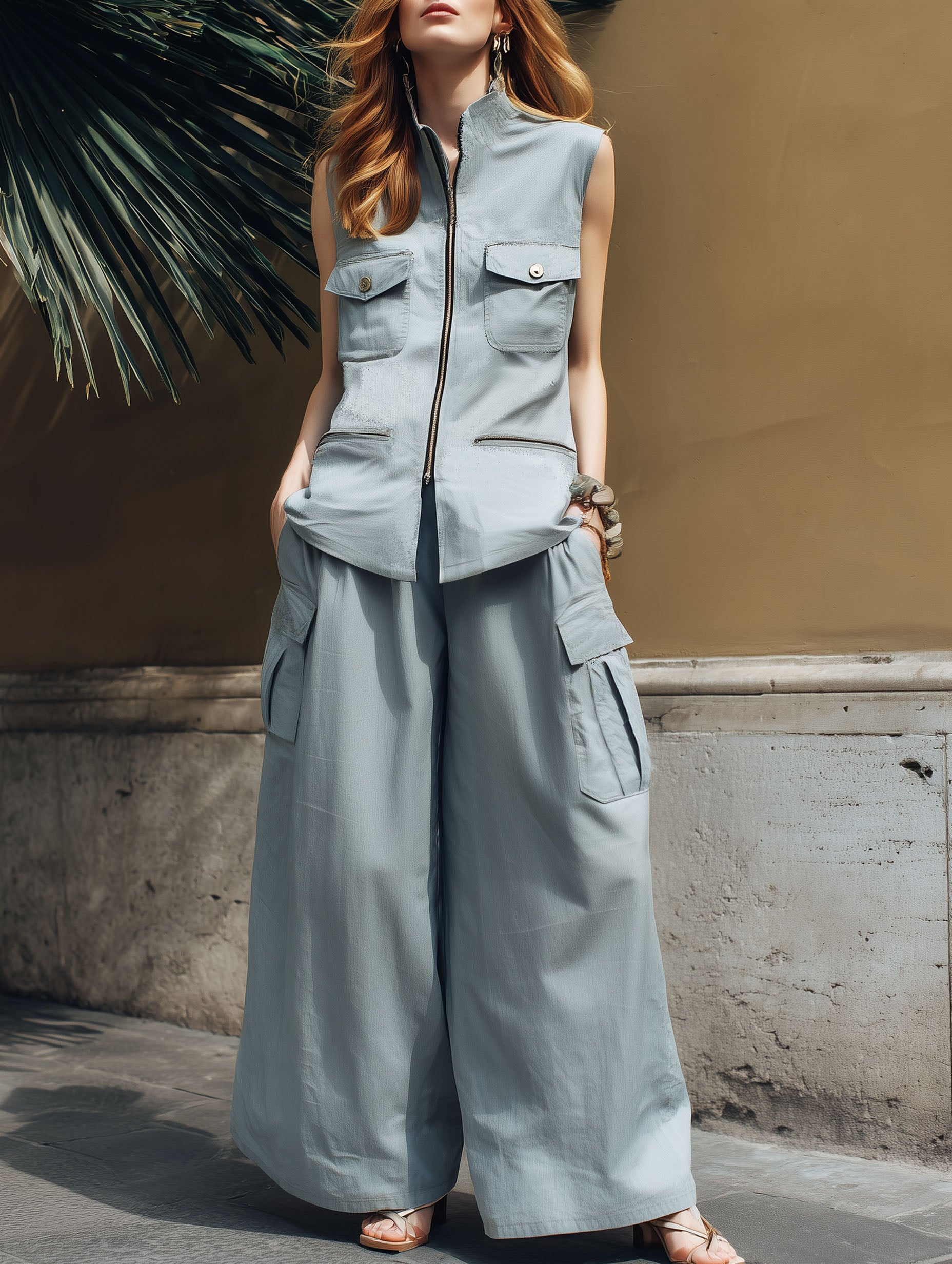 Fashionable Gray-Blue Cotton Linen Workwear Zipper Sleeveless Flap Pocket Top And Trousers Set