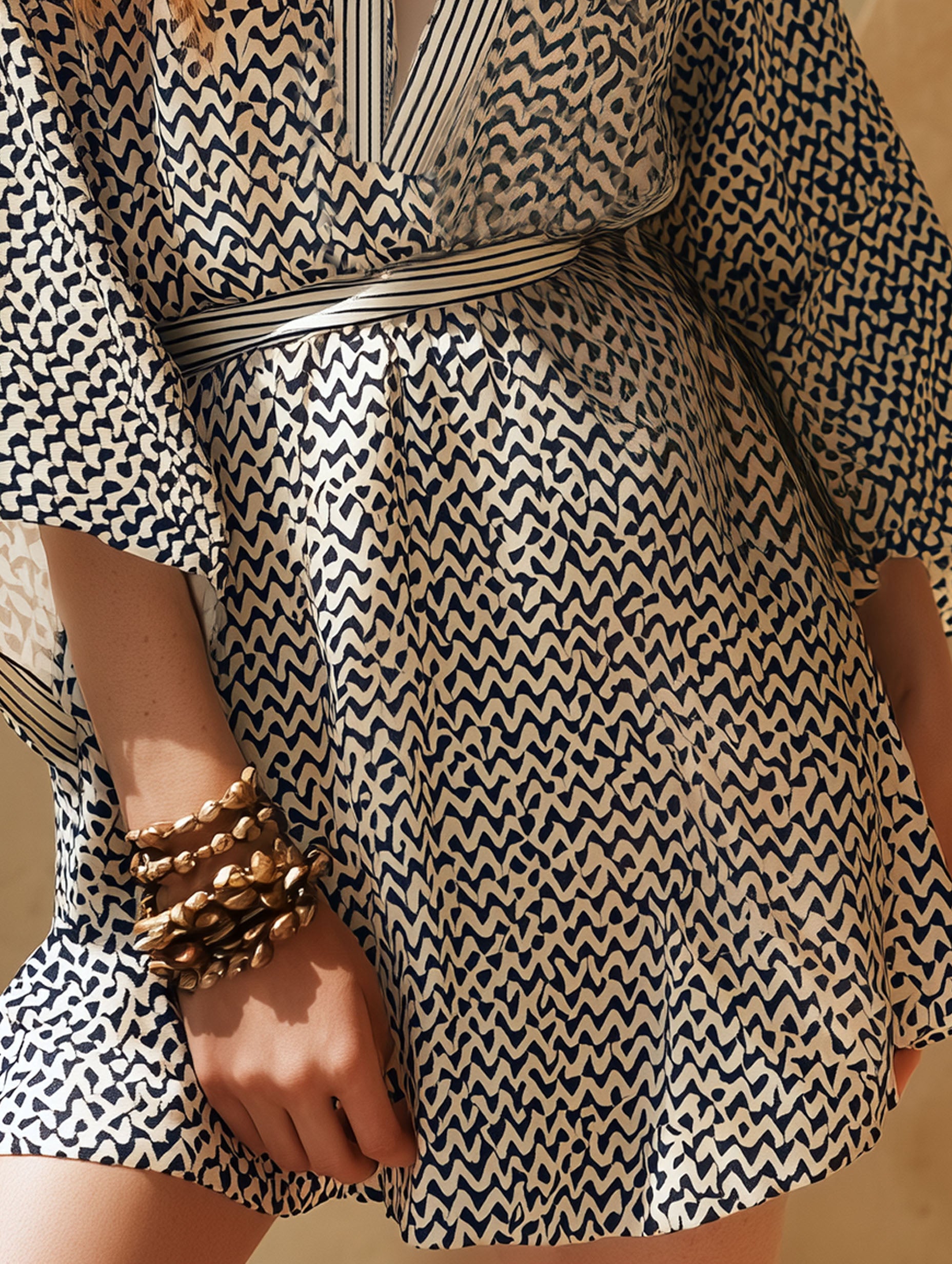 Resort-Style Black And White Printed Chiffon V-Neck Mini Dress