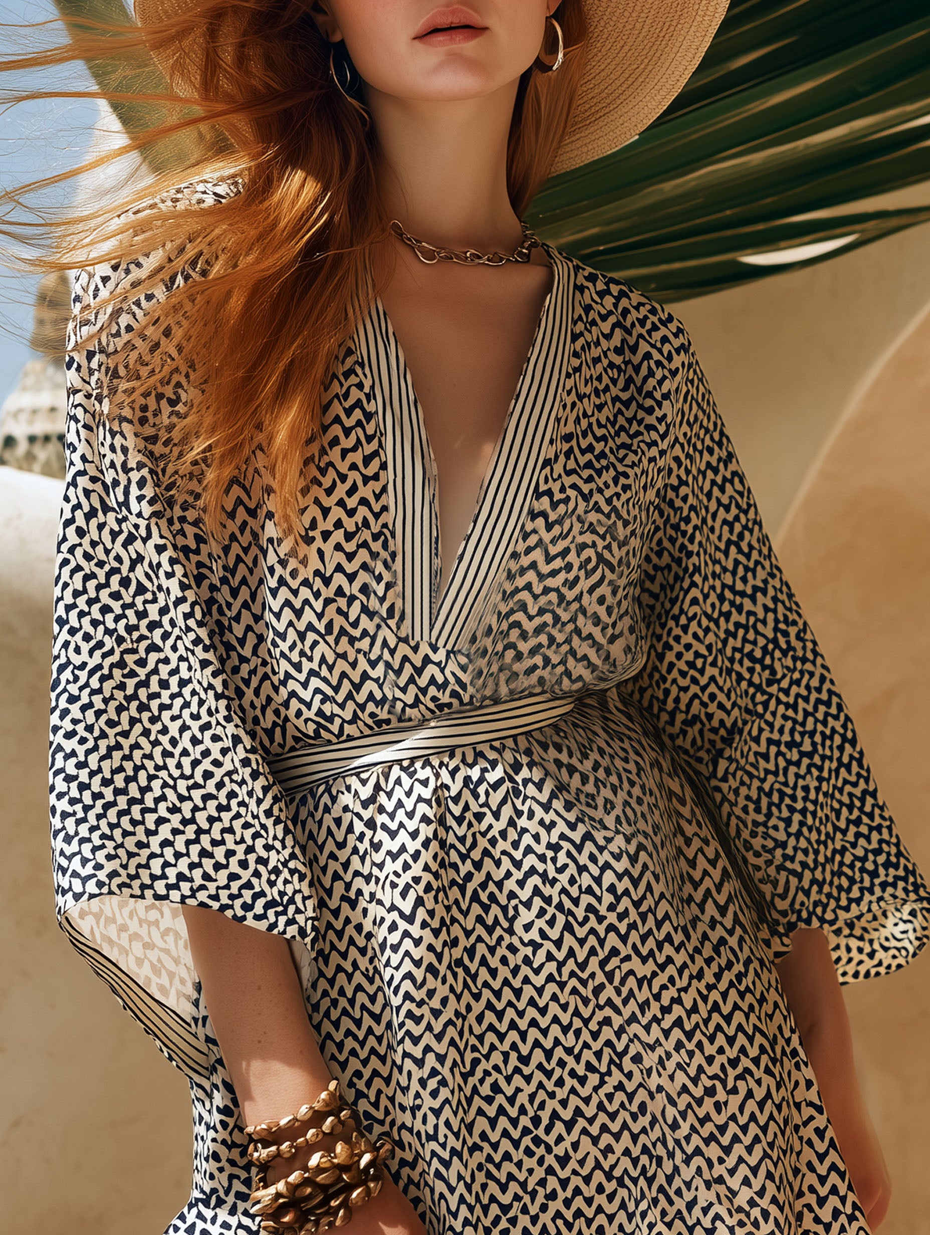 Resort-Style Black And White Printed Chiffon V-Neck Mini Dress