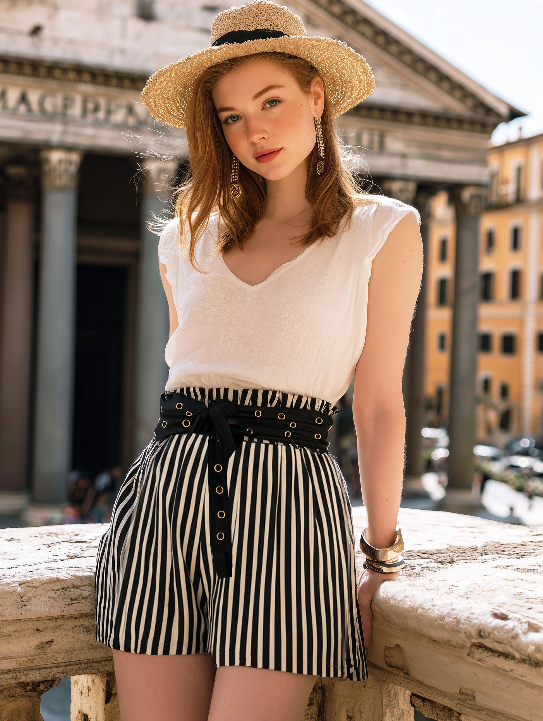 Vacation Comfort Black Eyelet Belt Black Striped Shorts
