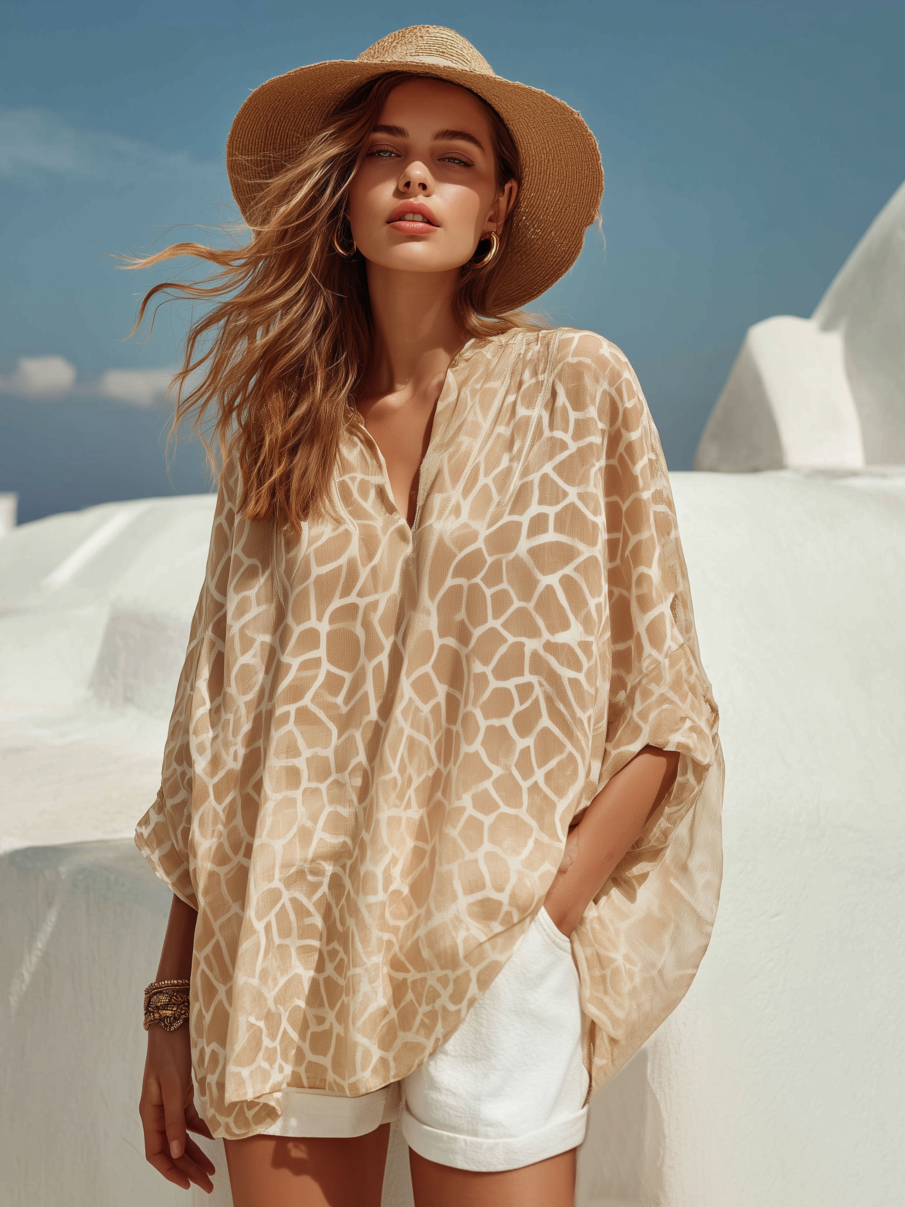 Elegant Vacation-Style Beige Chiffon V-Neck Khaki Printed Mid-Sleeve T-Shirt