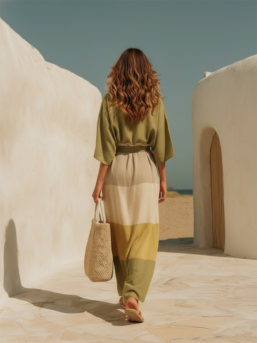 Vacation-style Cotton And Linen V-neck Long-sleeved Color-block Maxi Dress