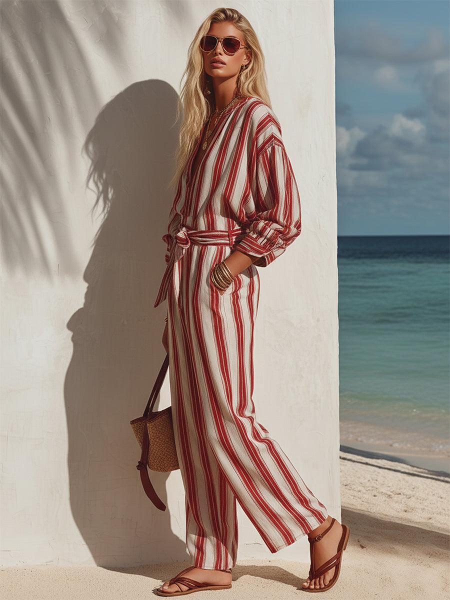 Stylish Casual Vacation Red Striped Shirt And Wide-Leg Pants Suit