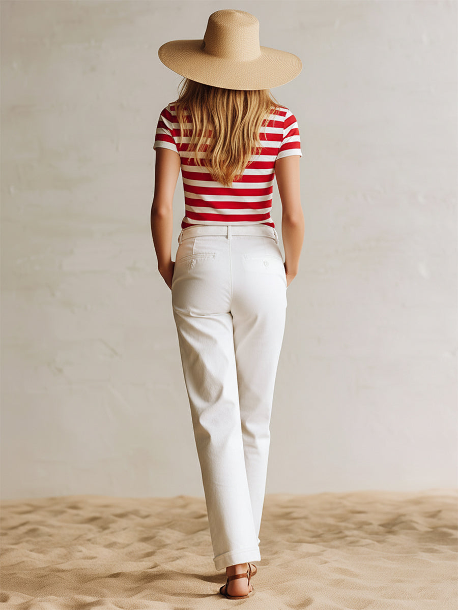 Fashionable And Casual Red And White Striped T-shirt And White Straight-leg Pants Set