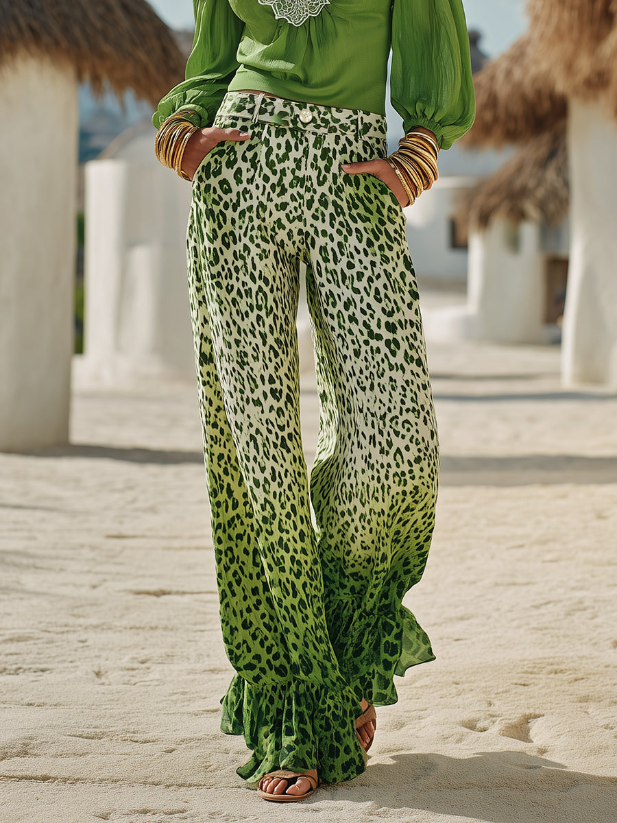 Bohemian Casual Off-the-shoulder Lace-trimmed Green Cotton-linen Top And Green Gradient Leopard Print Chiffon Wide-leg Pants Set