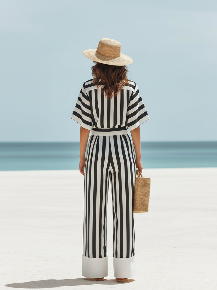 Resort-style Black And White Striped Short-sleeved Trouser Set