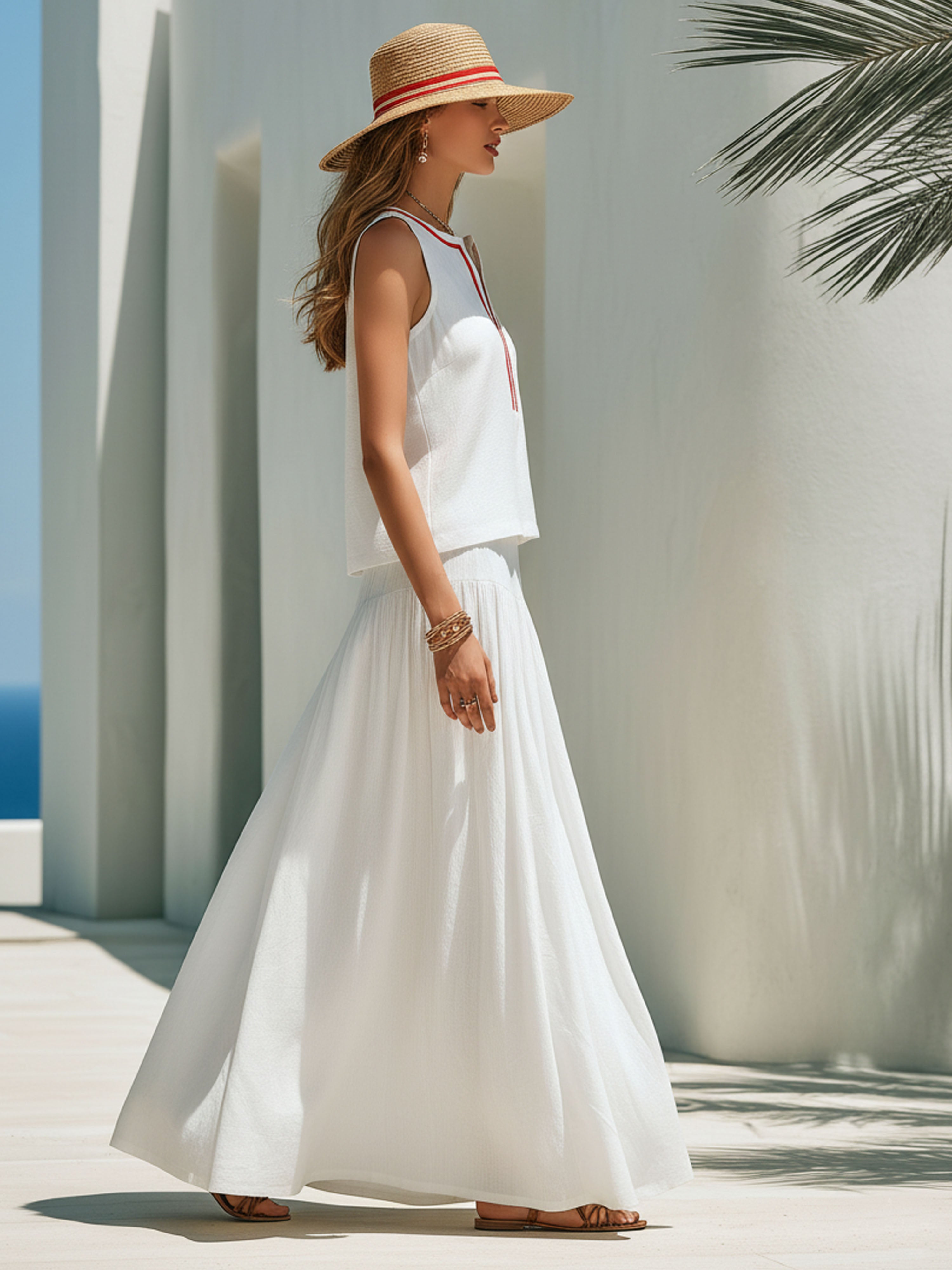 Resort-Style Cotton And Linen Red Ribbon White Sleeveless Top And Skirt Set