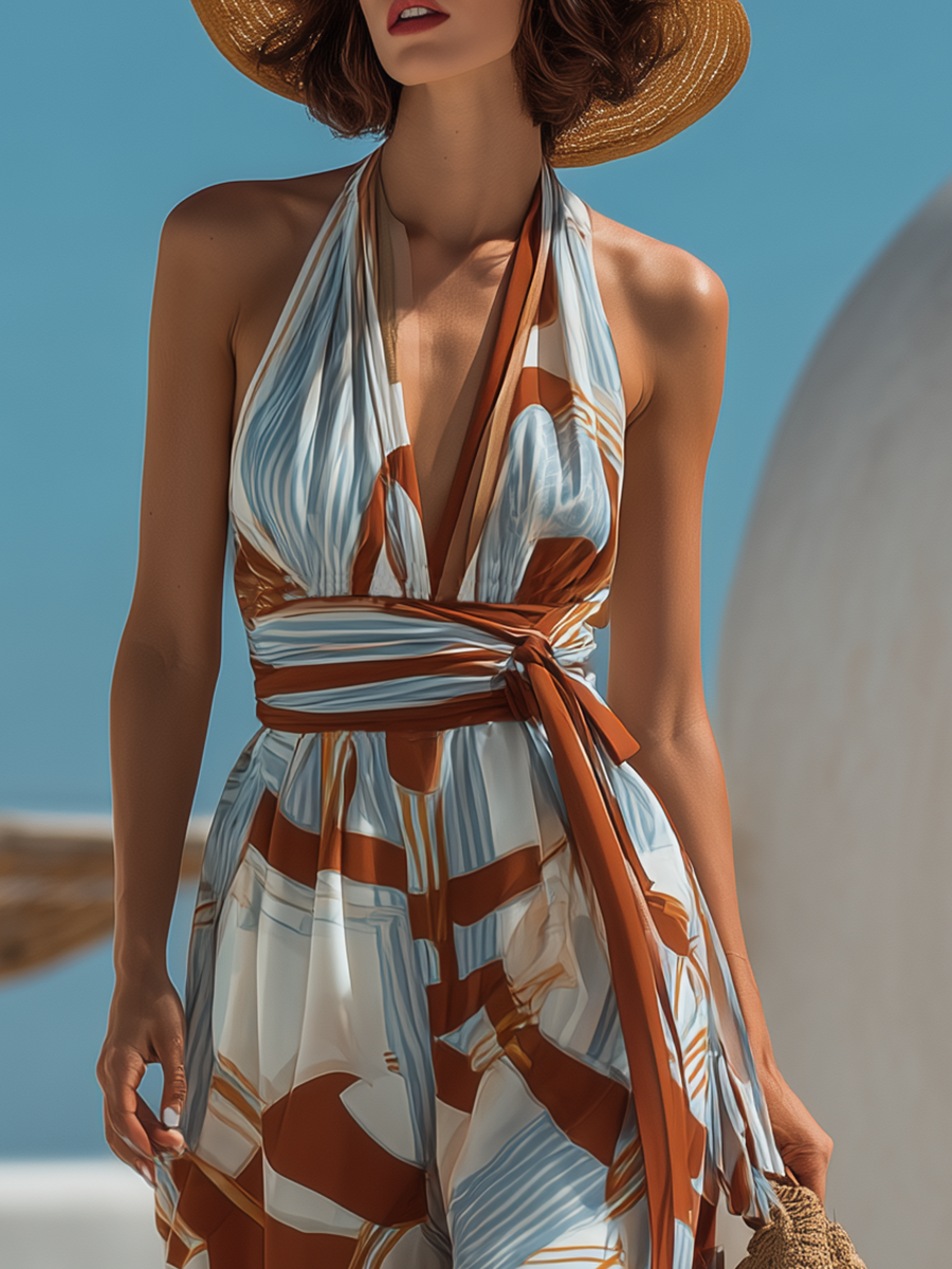 Vacation-Style Geometric Print Sleeveless Wide-Leg Chiffon Jumpsuit