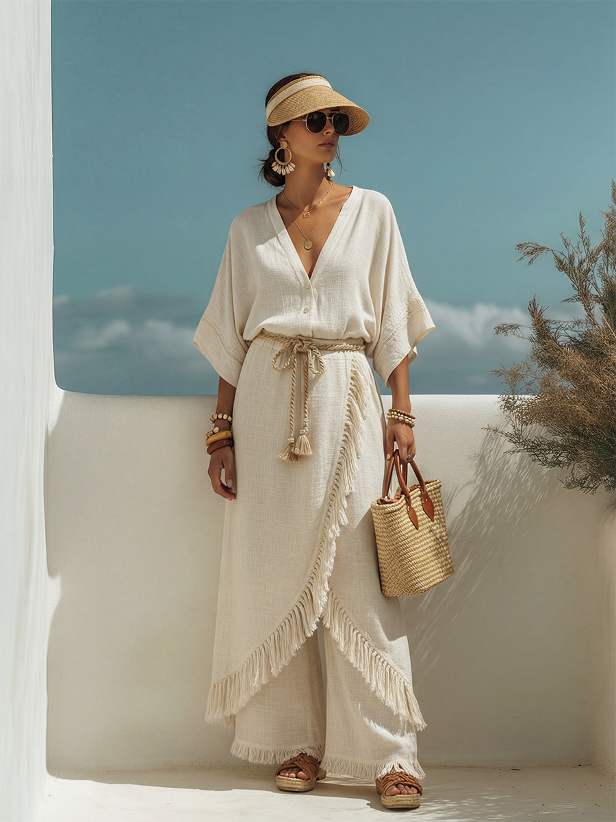 Trendy Bohemian Short-Sleeve Top And Fringe Faux Two-Piece Pants Cotton Linen Set