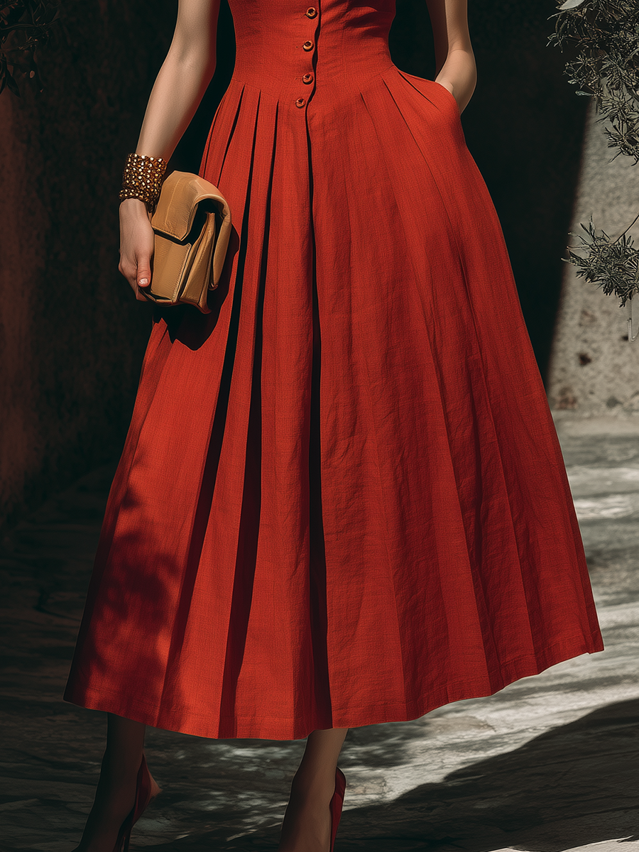 Casual Sleeveless Gathered Hem Red Maxi Dress