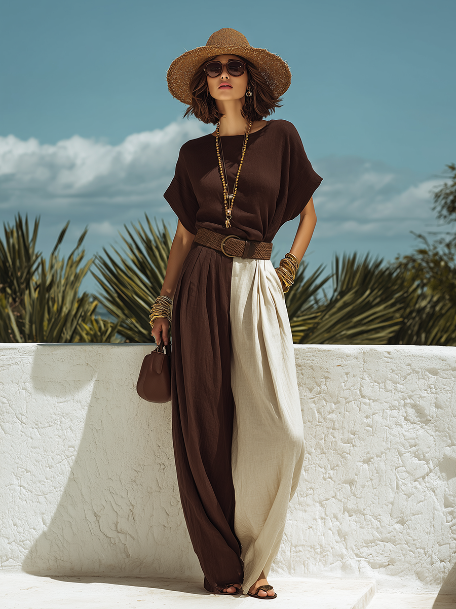 Stylish And Casual Short-sleeved Top And Color-blocked Wide-leg Pants Set