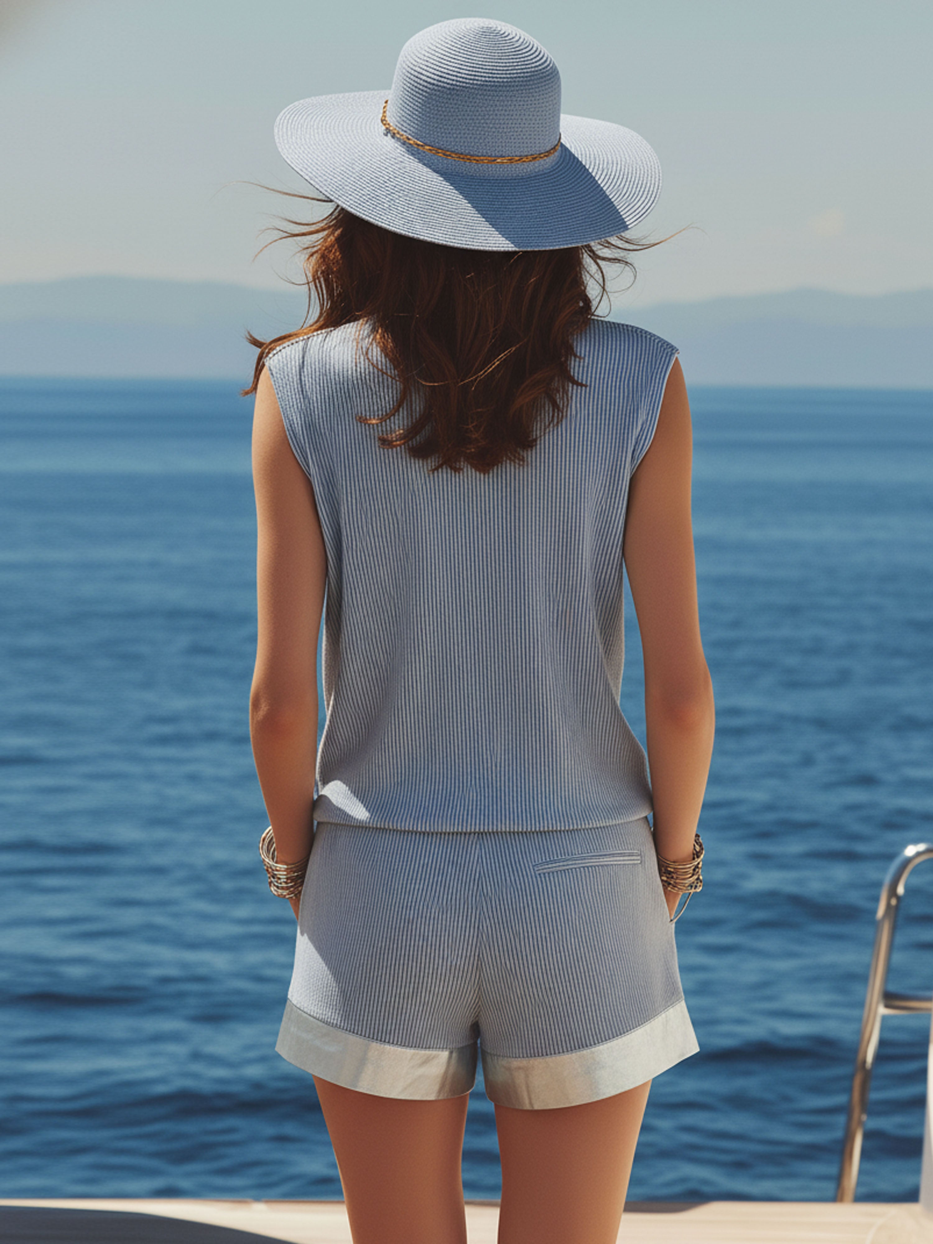 Resort-Style Gray-Blue Ribbed Fabric Shorts Metal Zipper Detailing Set