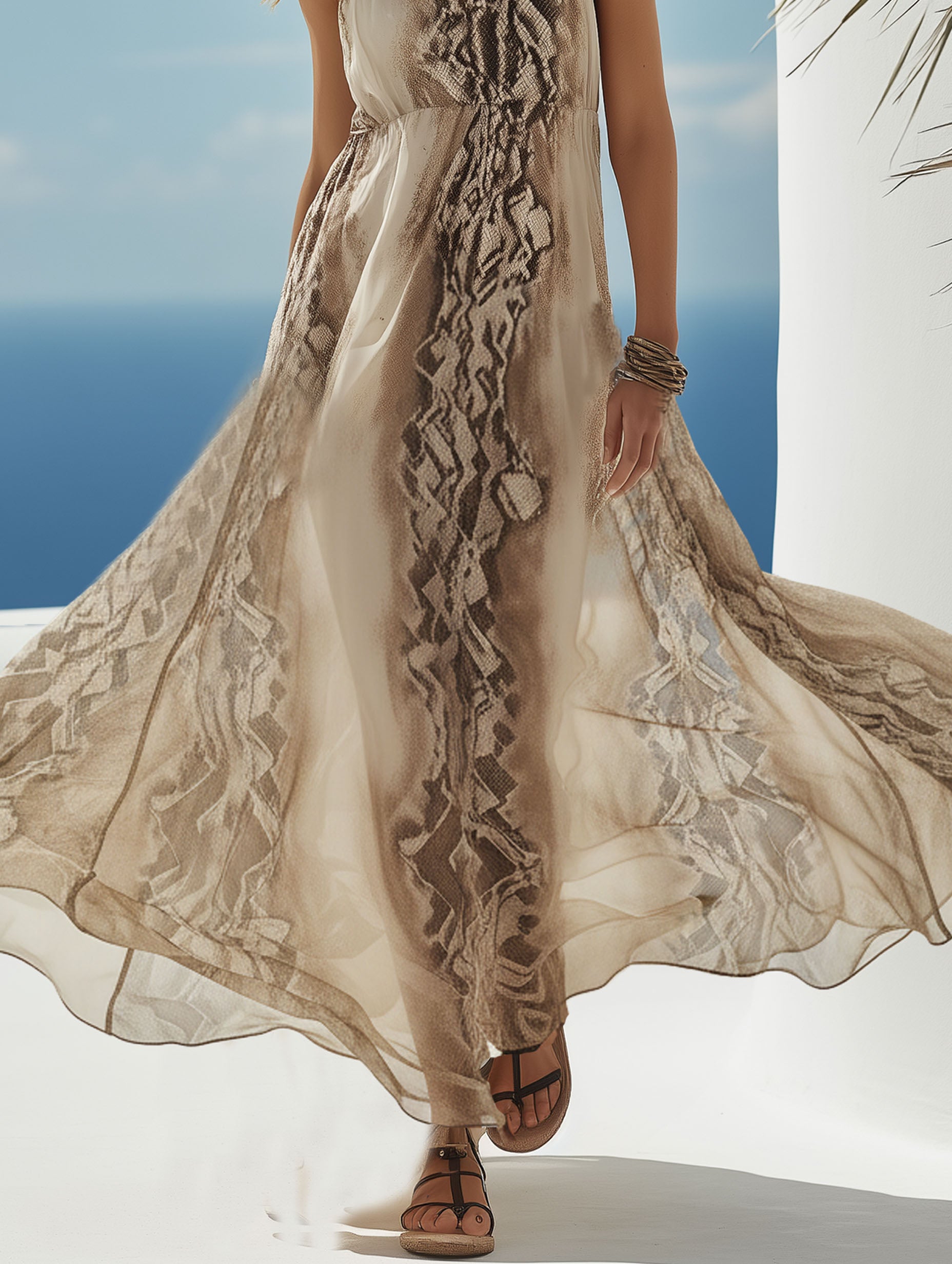 Fashionable Resort Chiffon Snake Print Spaghetti Strap Beige Maxi Dress