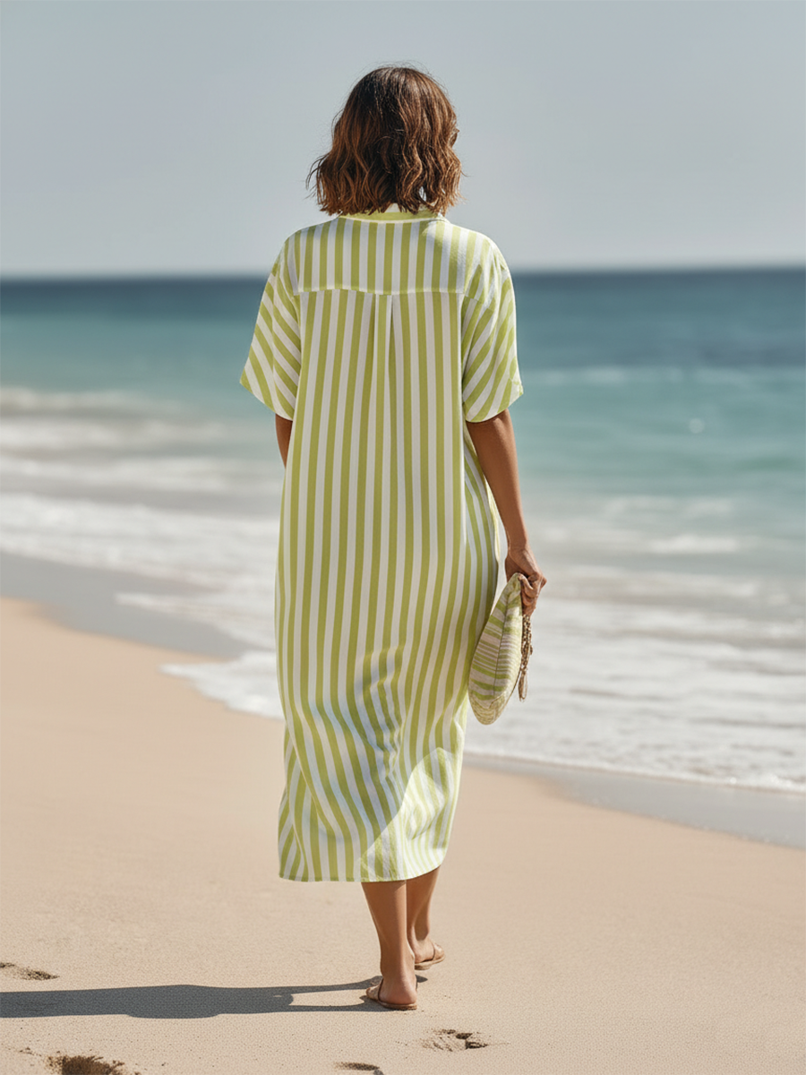 Resort-style Green Striped Loose Maxi Dress
