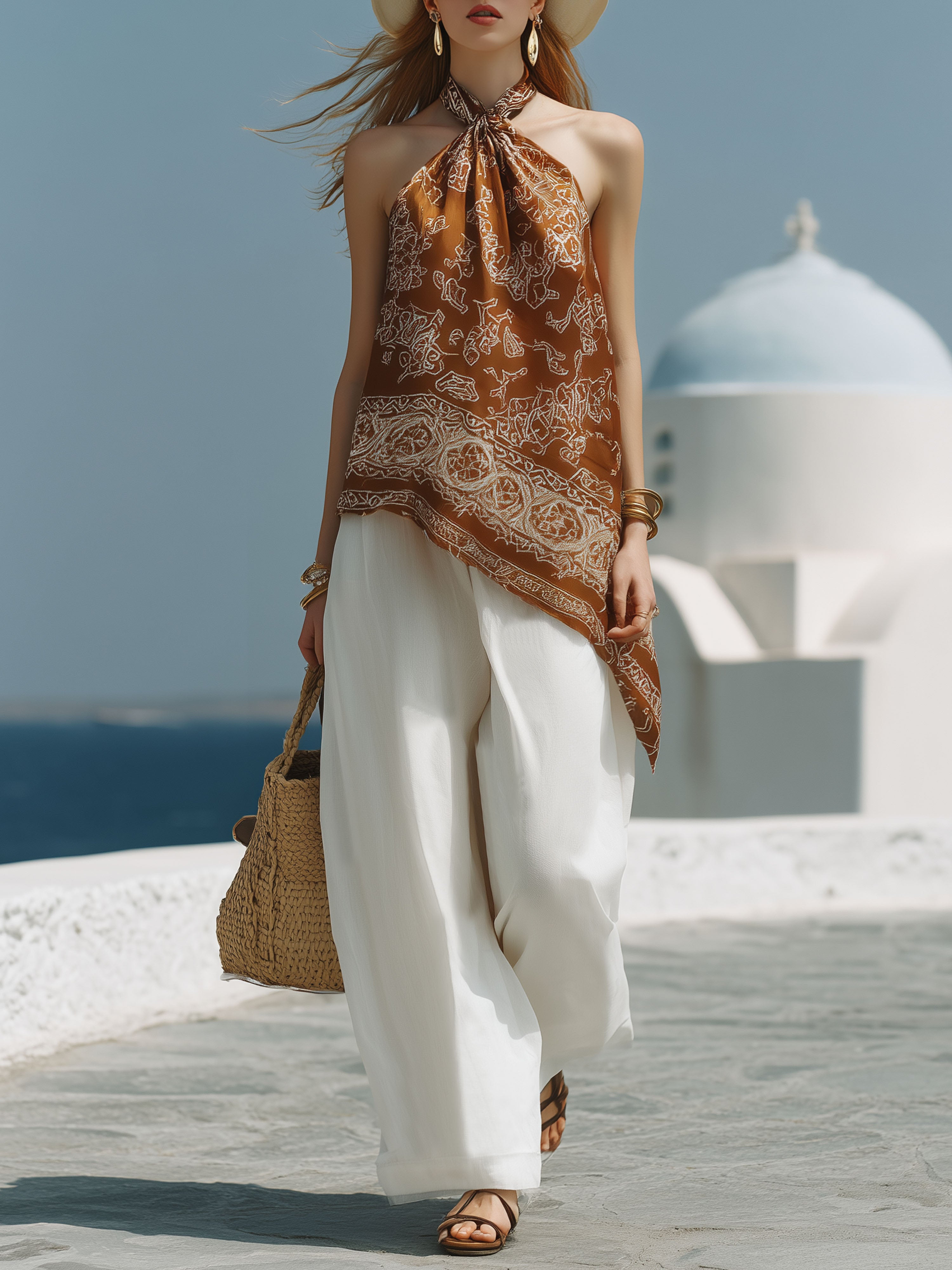 Resort-Style Satin Brown Printed Halter Neck Top And Cotton Linen Trousers Set