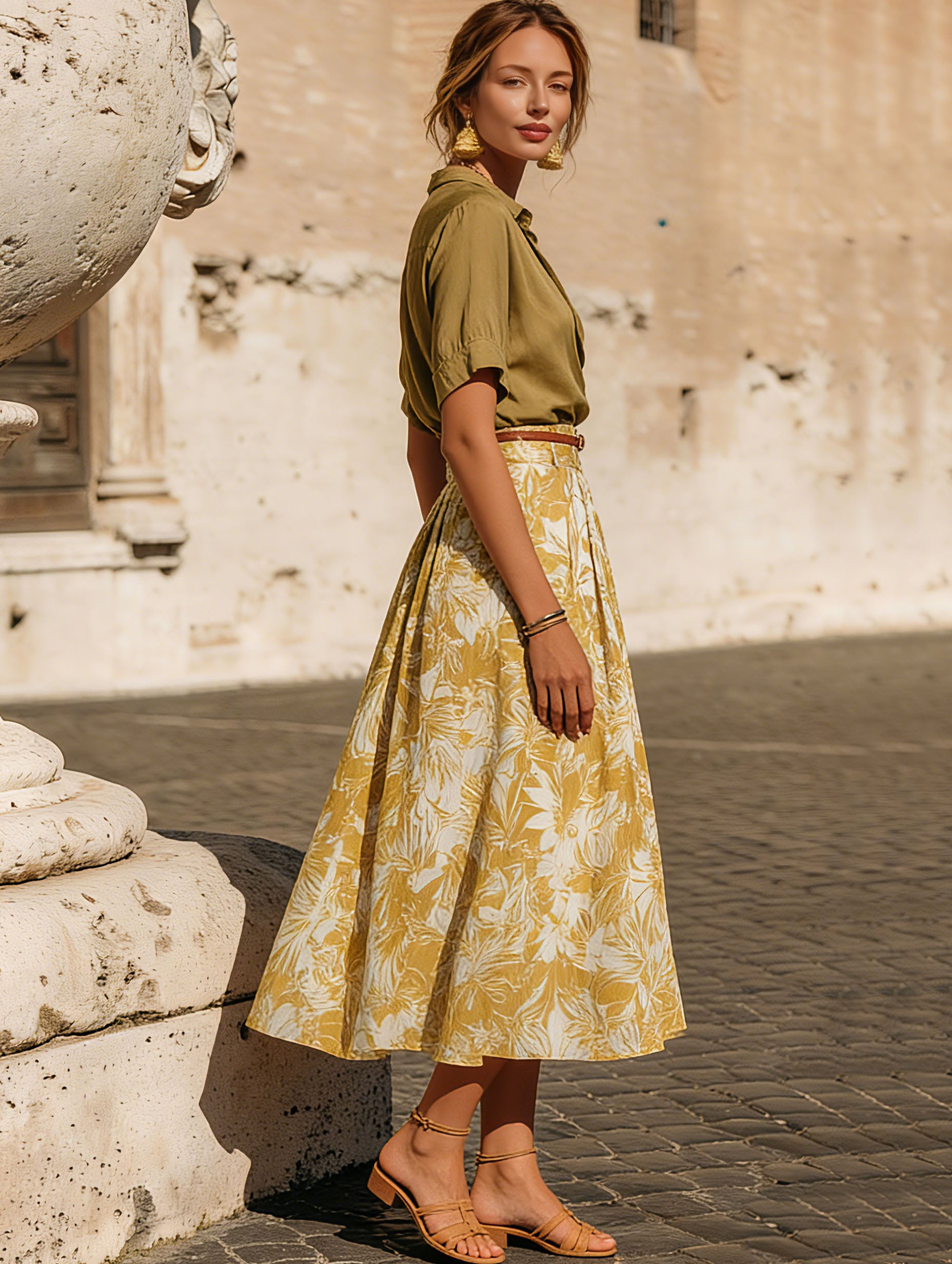 Resort-Style French Satin Green Top And Printed Skirt Set