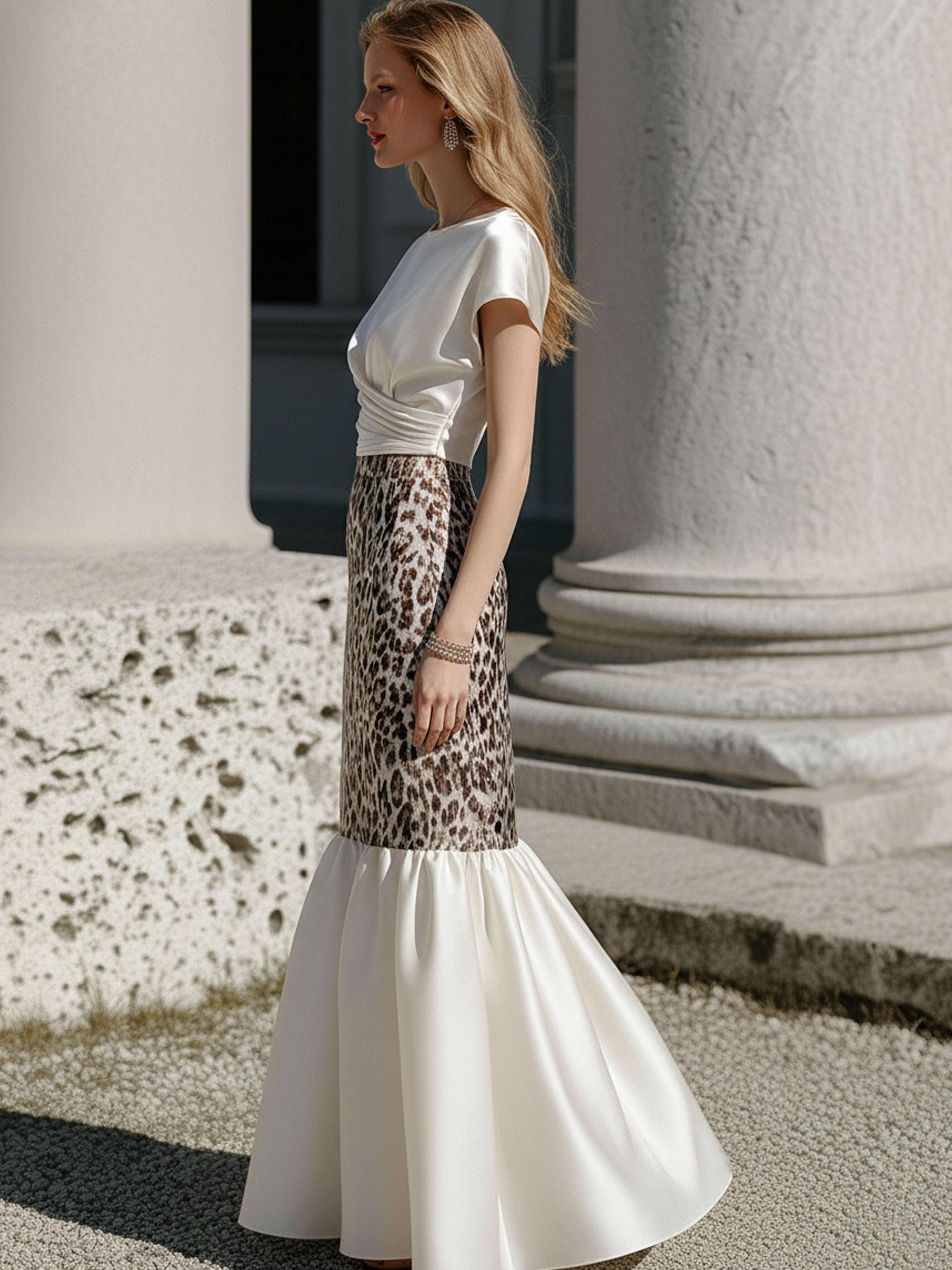 French-Style White Satin Pleated Top And Leopard Print Patchwork Skirt Set